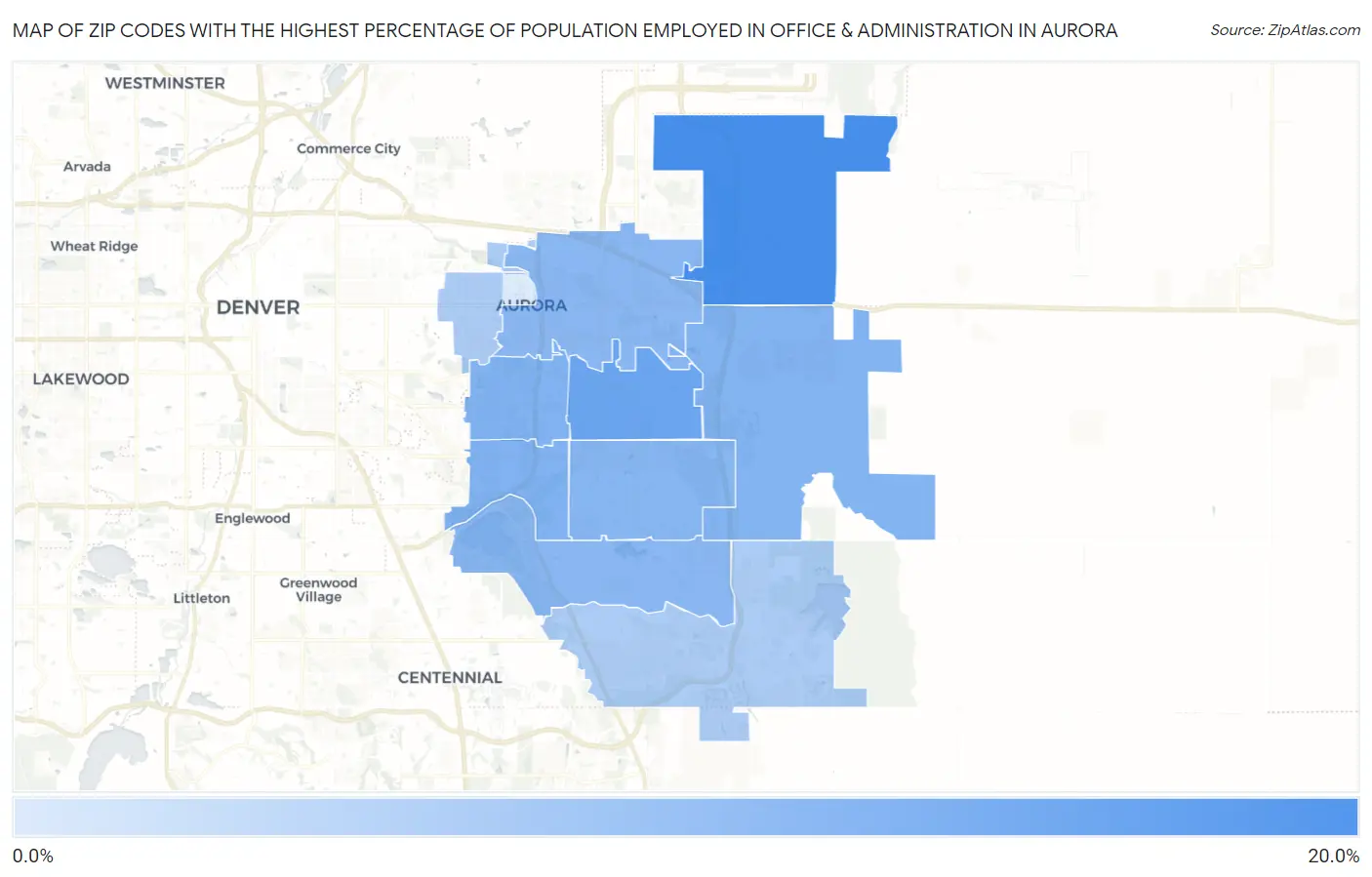 Zip Codes with the Highest Percentage of Population Employed in Office & Administration in Aurora Map