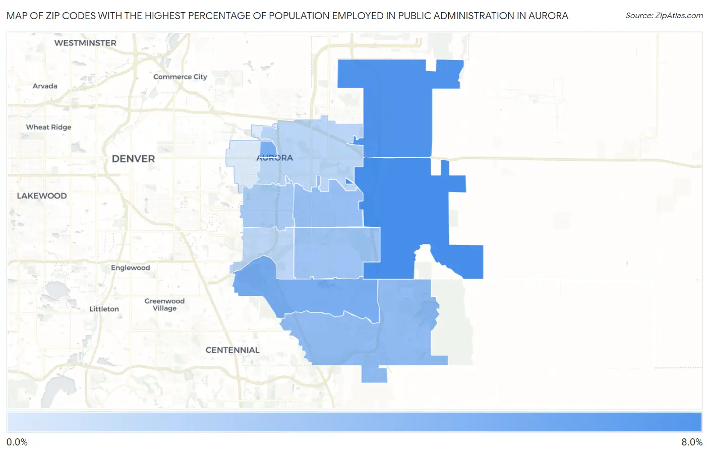 Zip Codes with the Highest Percentage of Population Employed in Public Administration in Aurora Map