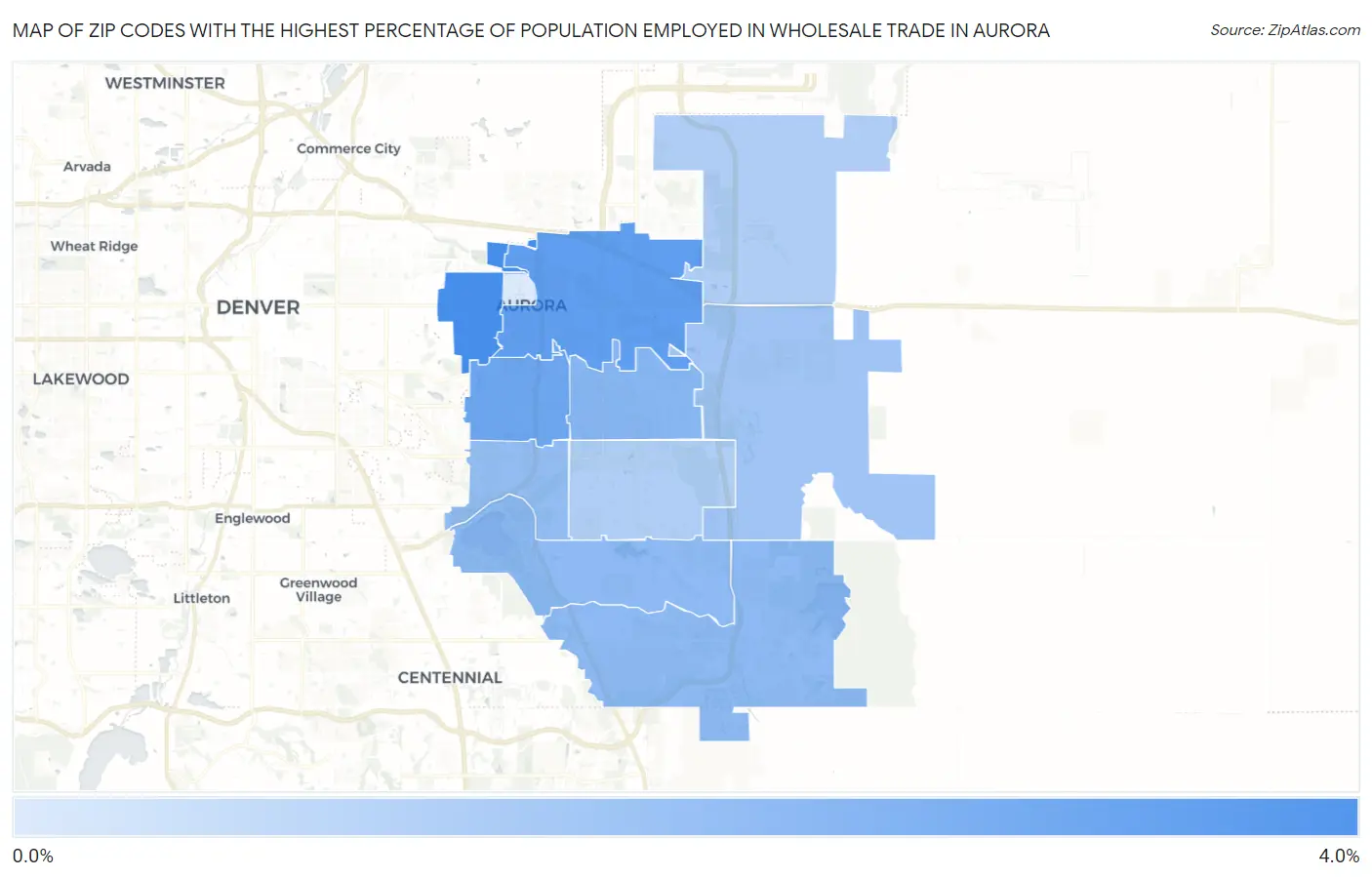Zip Codes with the Highest Percentage of Population Employed in Wholesale Trade in Aurora Map