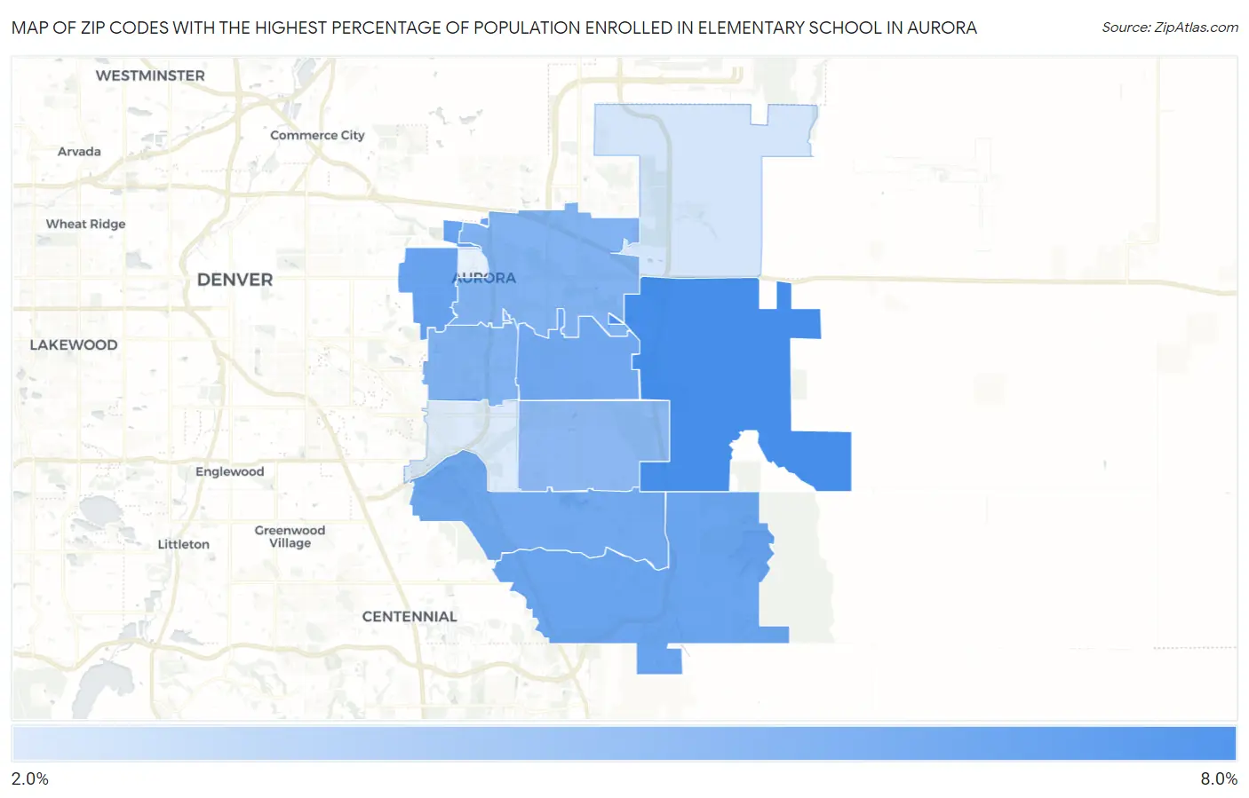 Zip Codes with the Highest Percentage of Population Enrolled in Elementary School in Aurora Map