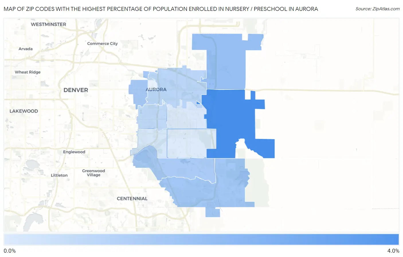 Zip Codes with the Highest Percentage of Population Enrolled in Nursery / Preschool in Aurora Map