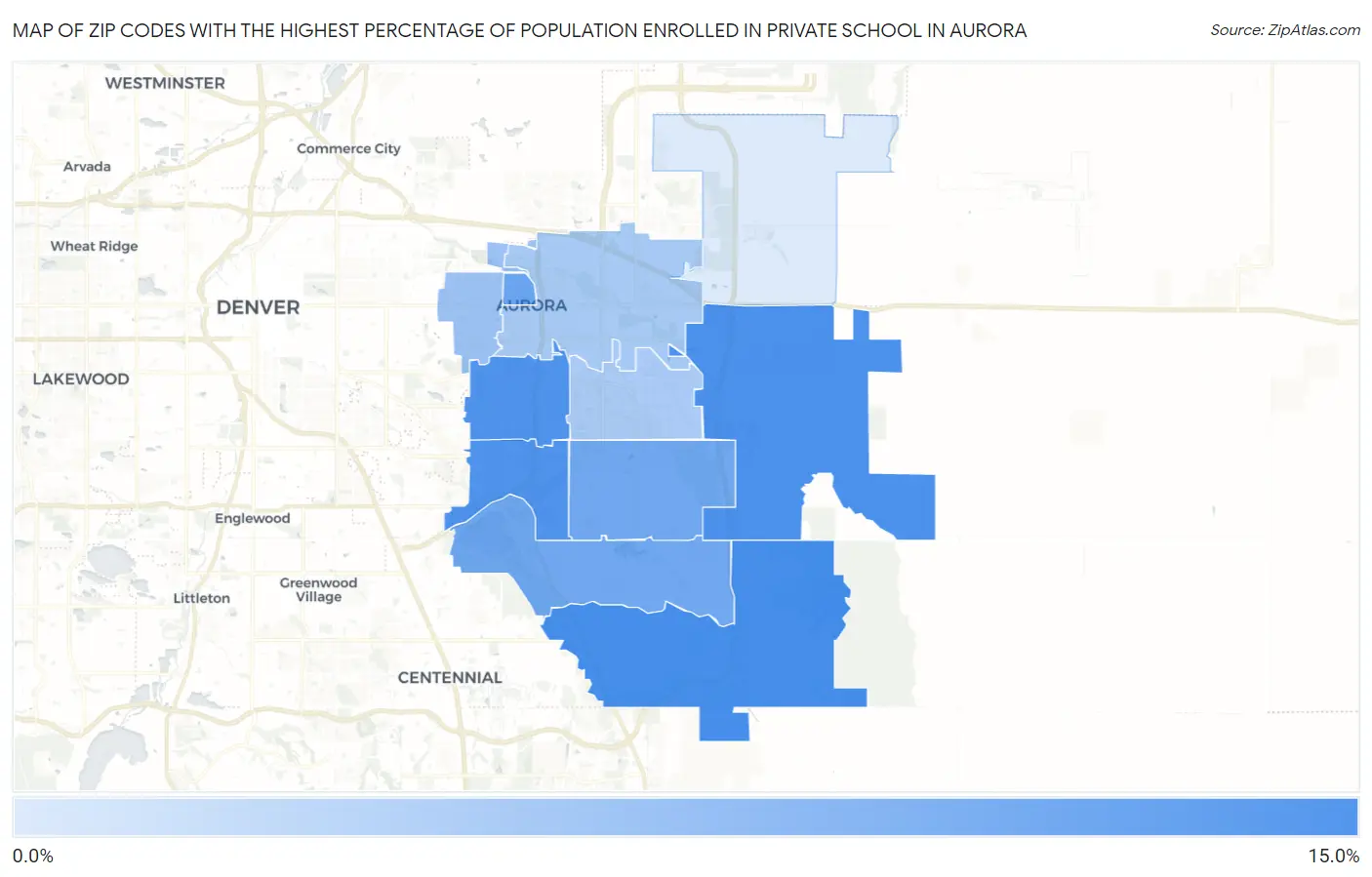Zip Codes with the Highest Percentage of Population Enrolled in Private School in Aurora Map