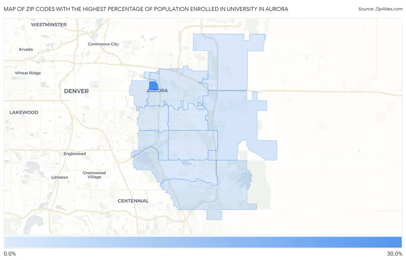 Zip Codes with the Highest Percentage of Population Enrolled in University in Aurora Map