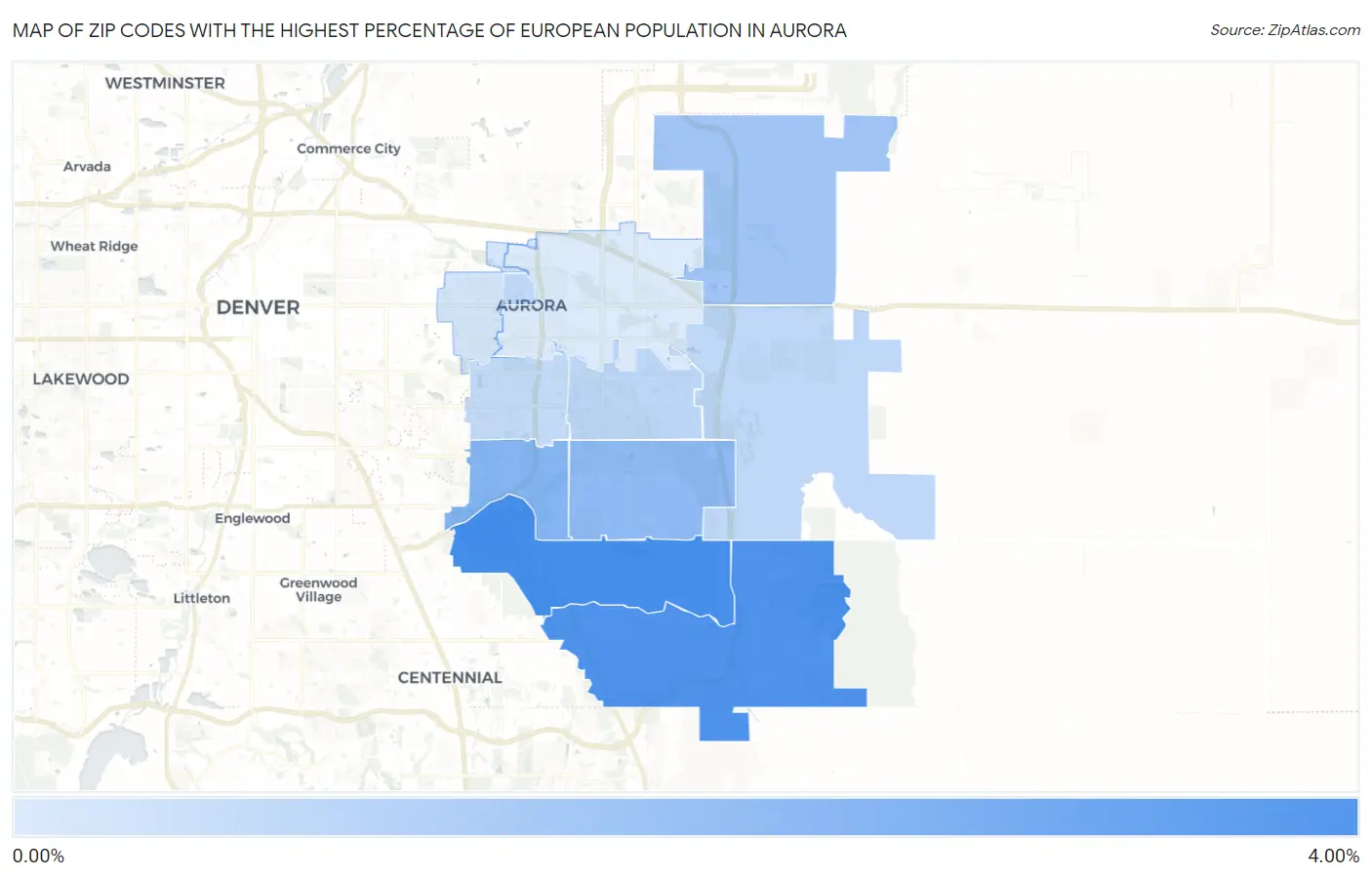 Zip Codes with the Highest Percentage of European Population in Aurora Map
