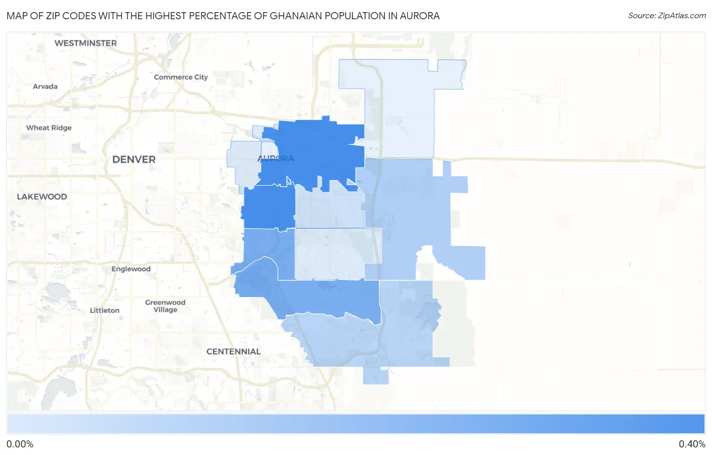 Zip Codes with the Highest Percentage of Ghanaian Population in Aurora Map