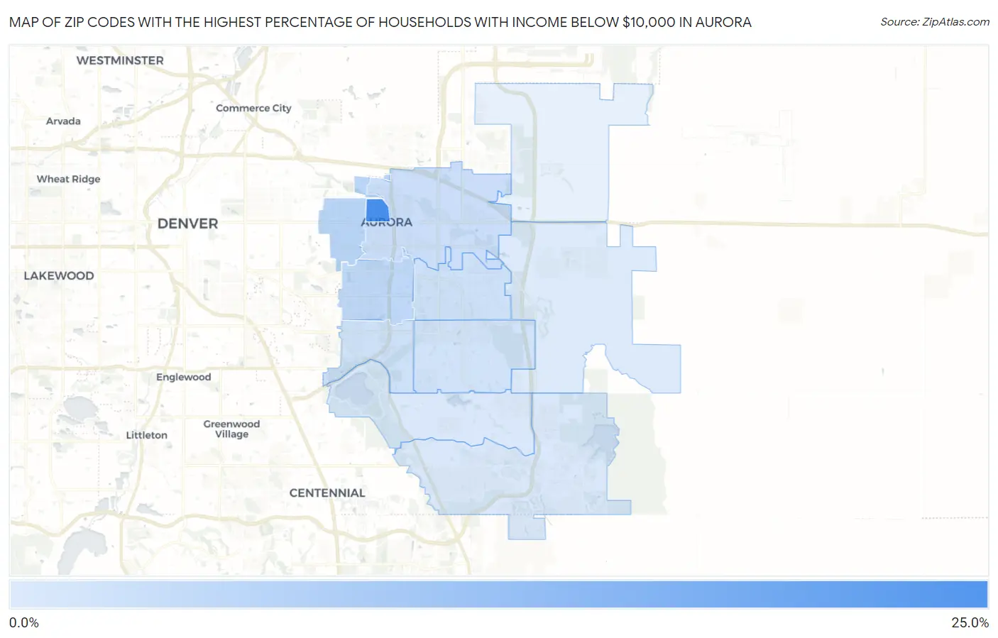 Zip Codes with the Highest Percentage of Households with Income Below $10,000 in Aurora Map