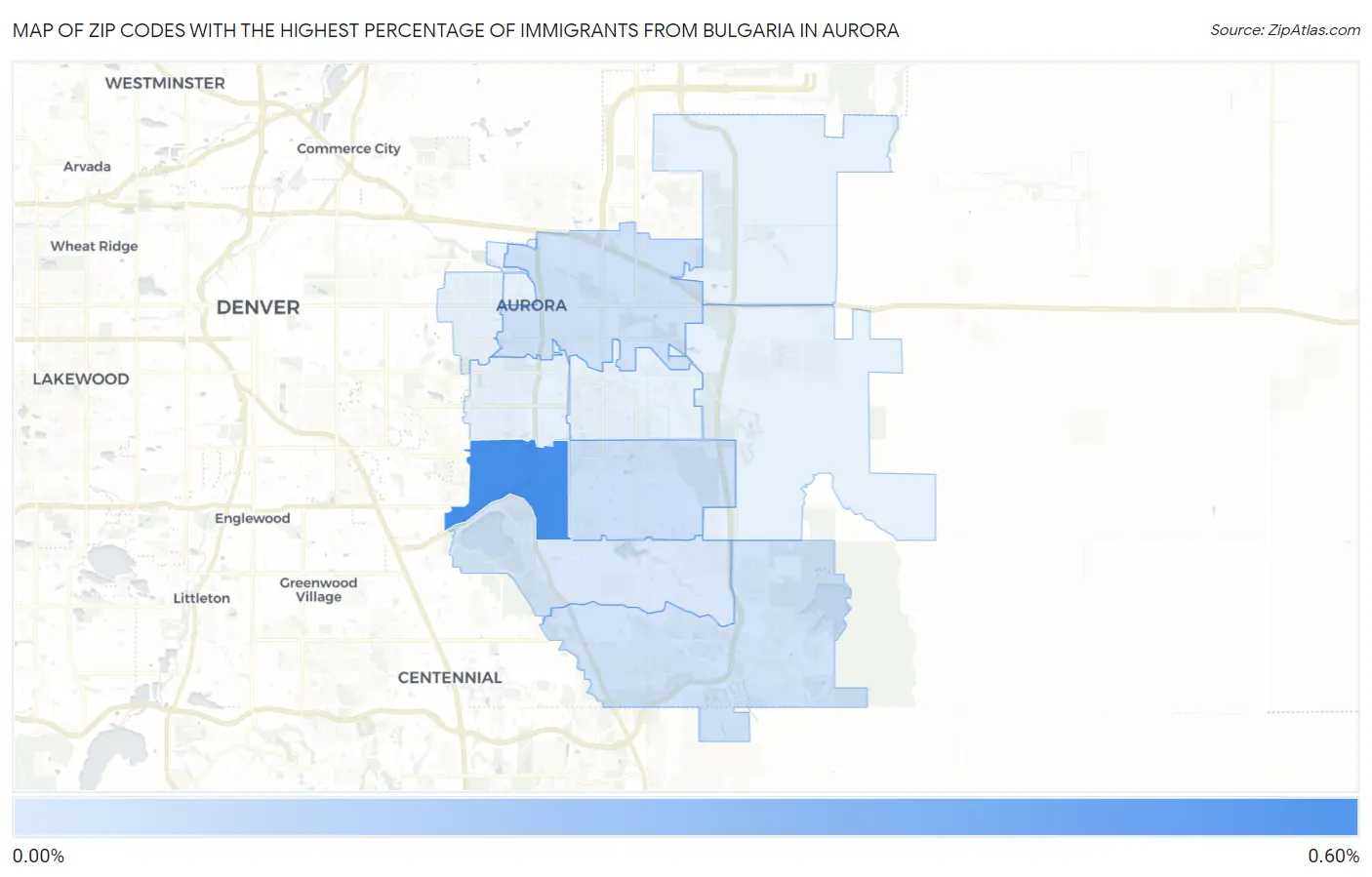 Zip Codes with the Highest Percentage of Immigrants from Bulgaria in Aurora Map