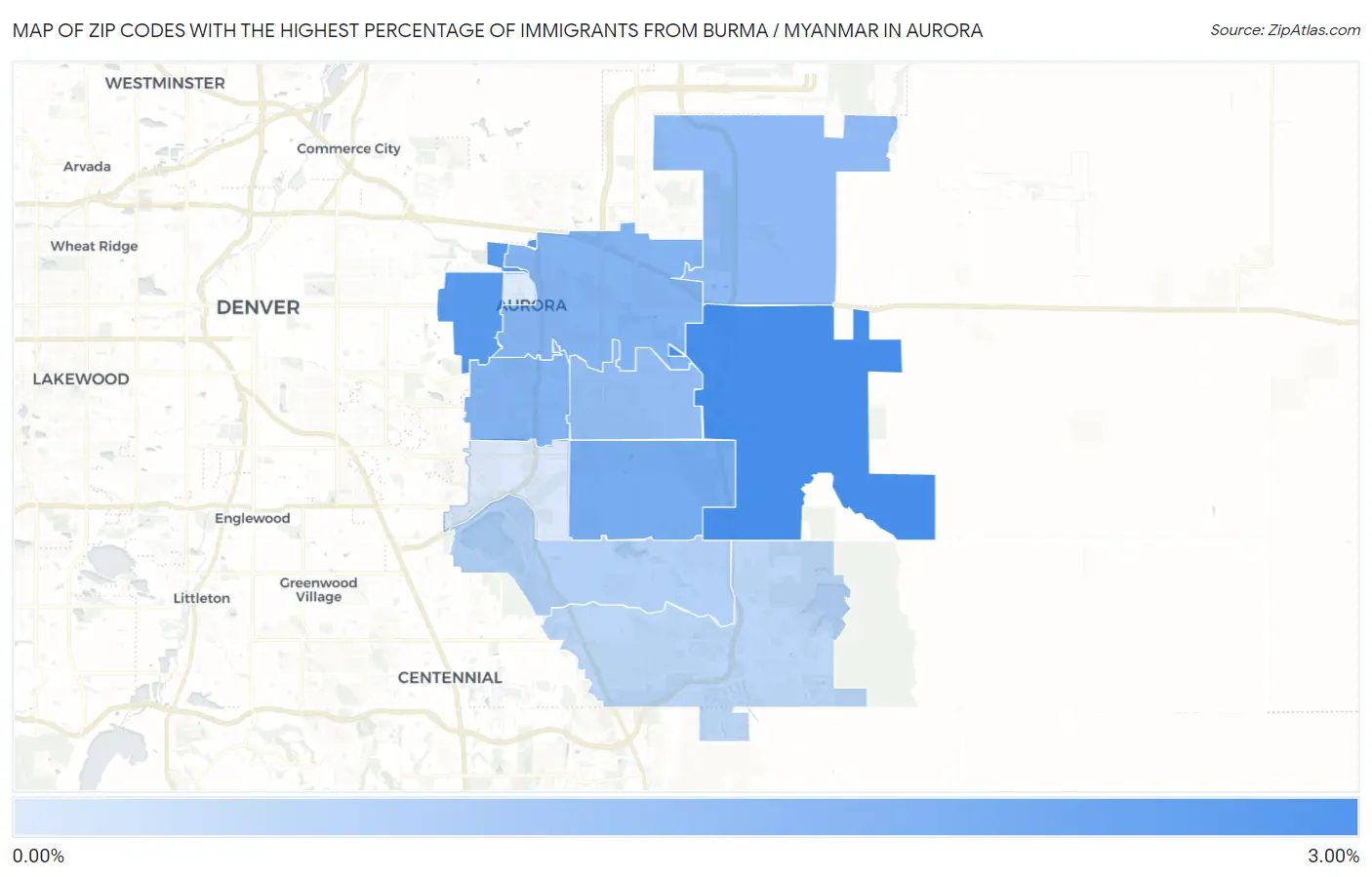 Zip Codes with the Highest Percentage of Immigrants from Burma / Myanmar in Aurora Map