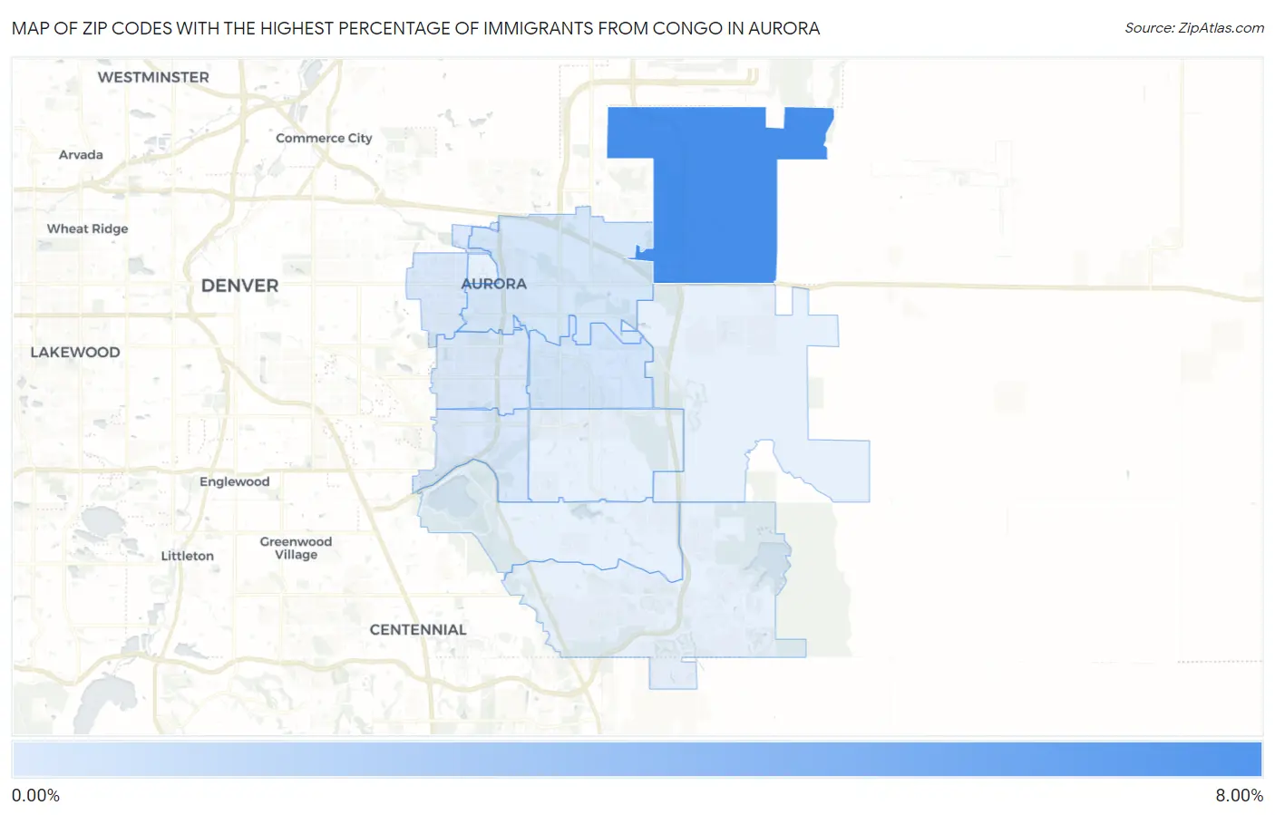 Zip Codes with the Highest Percentage of Immigrants from Congo in Aurora Map