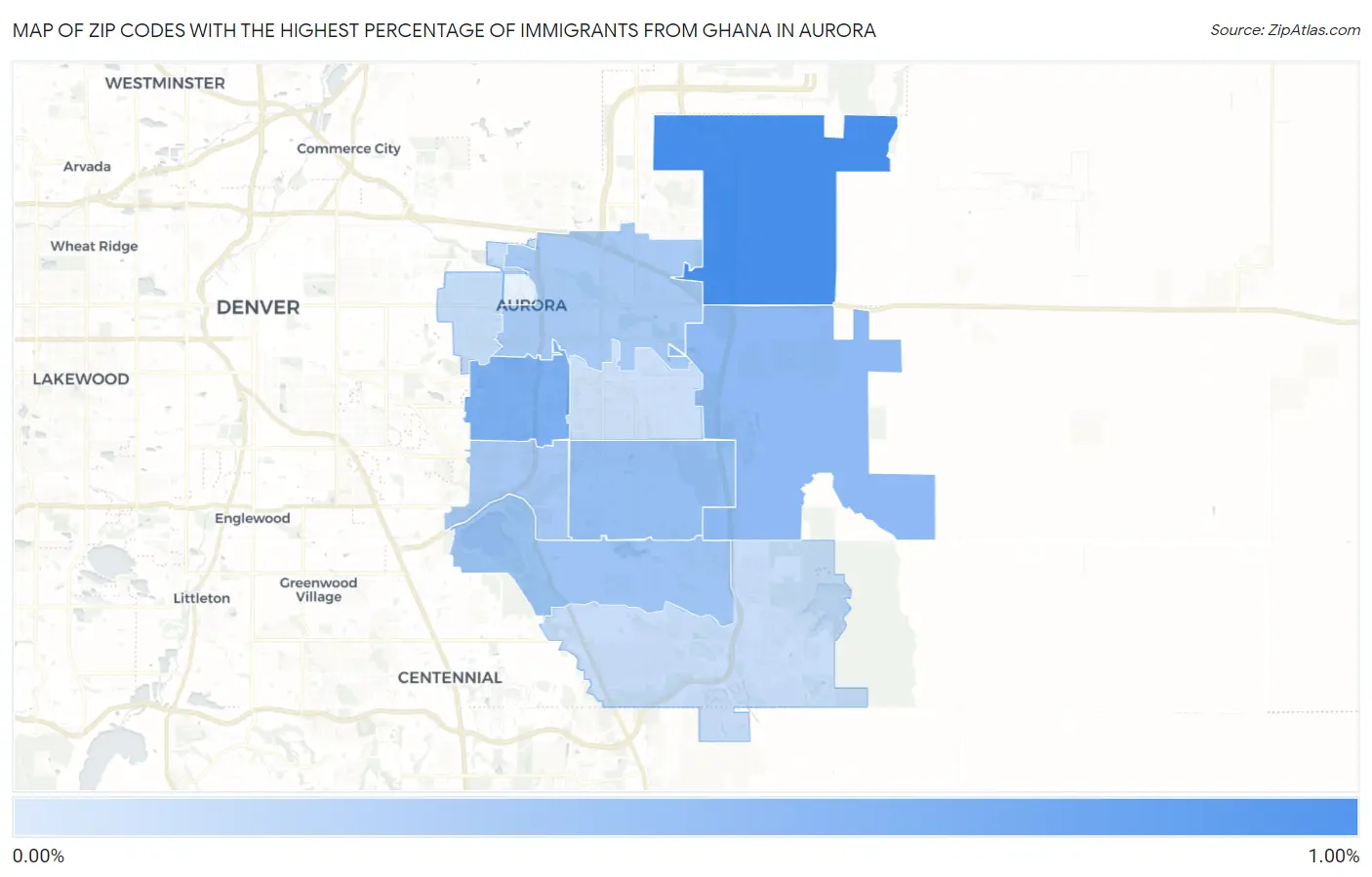 Zip Codes with the Highest Percentage of Immigrants from Ghana in Aurora Map
