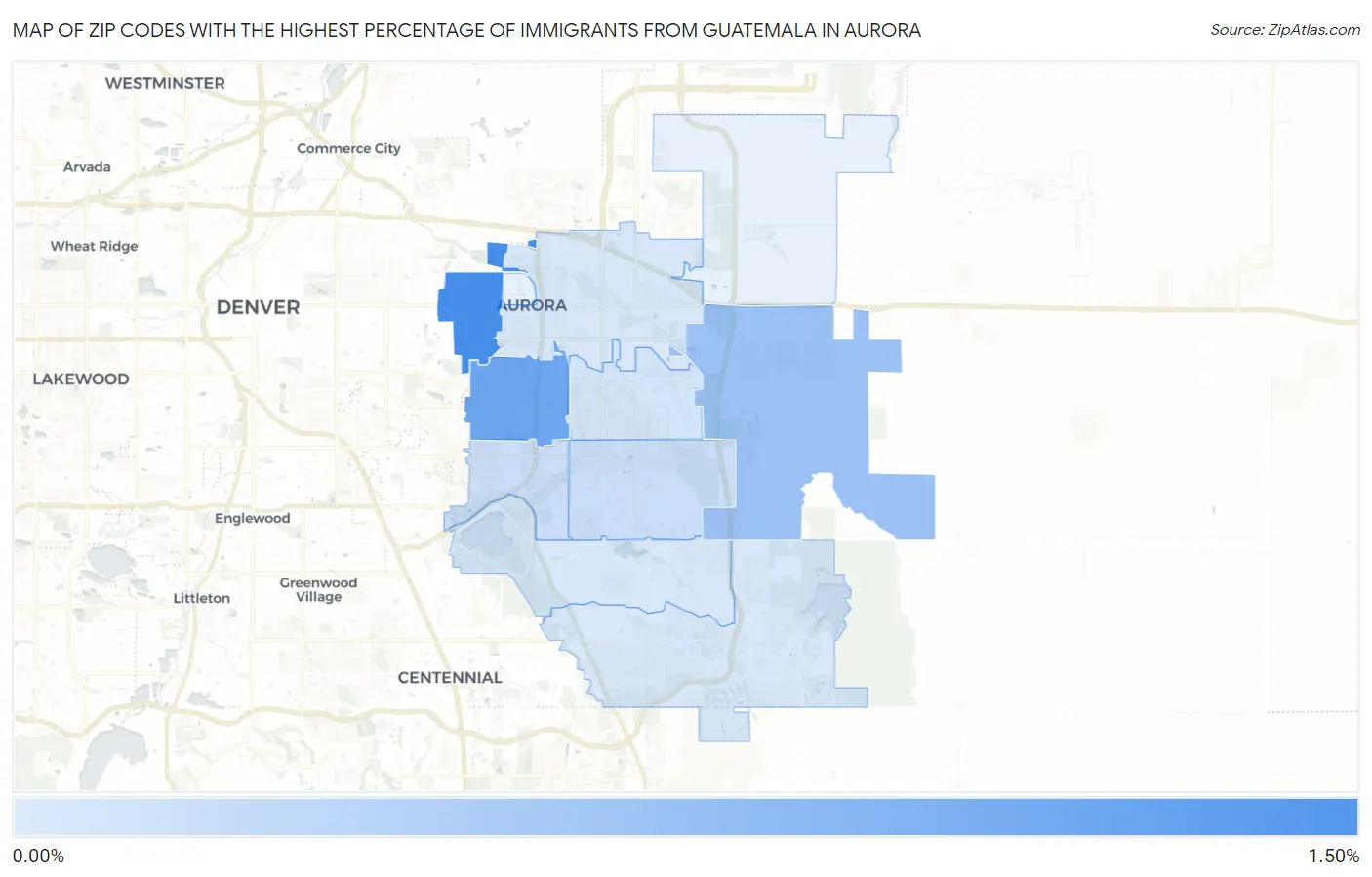 Zip Codes with the Highest Percentage of Immigrants from Guatemala in Aurora Map