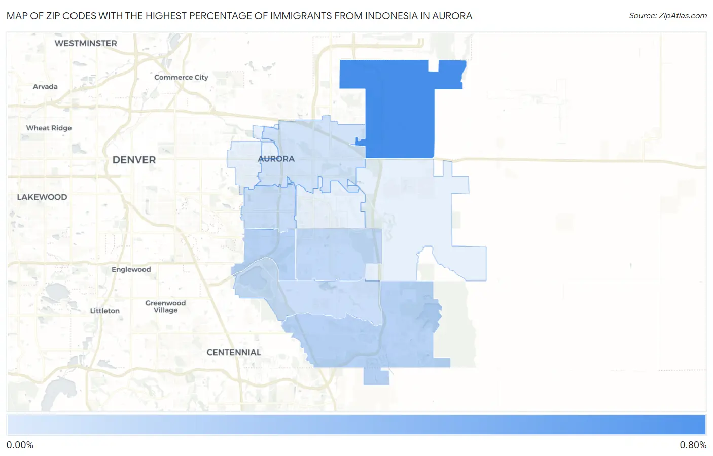 Zip Codes with the Highest Percentage of Immigrants from Indonesia in Aurora Map