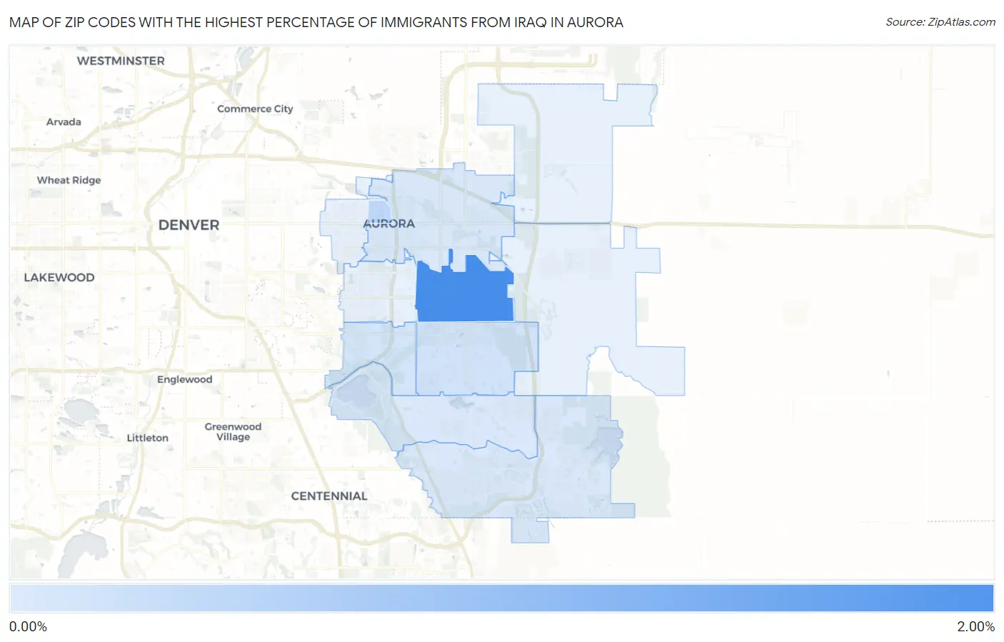 Zip Codes with the Highest Percentage of Immigrants from Iraq in Aurora Map