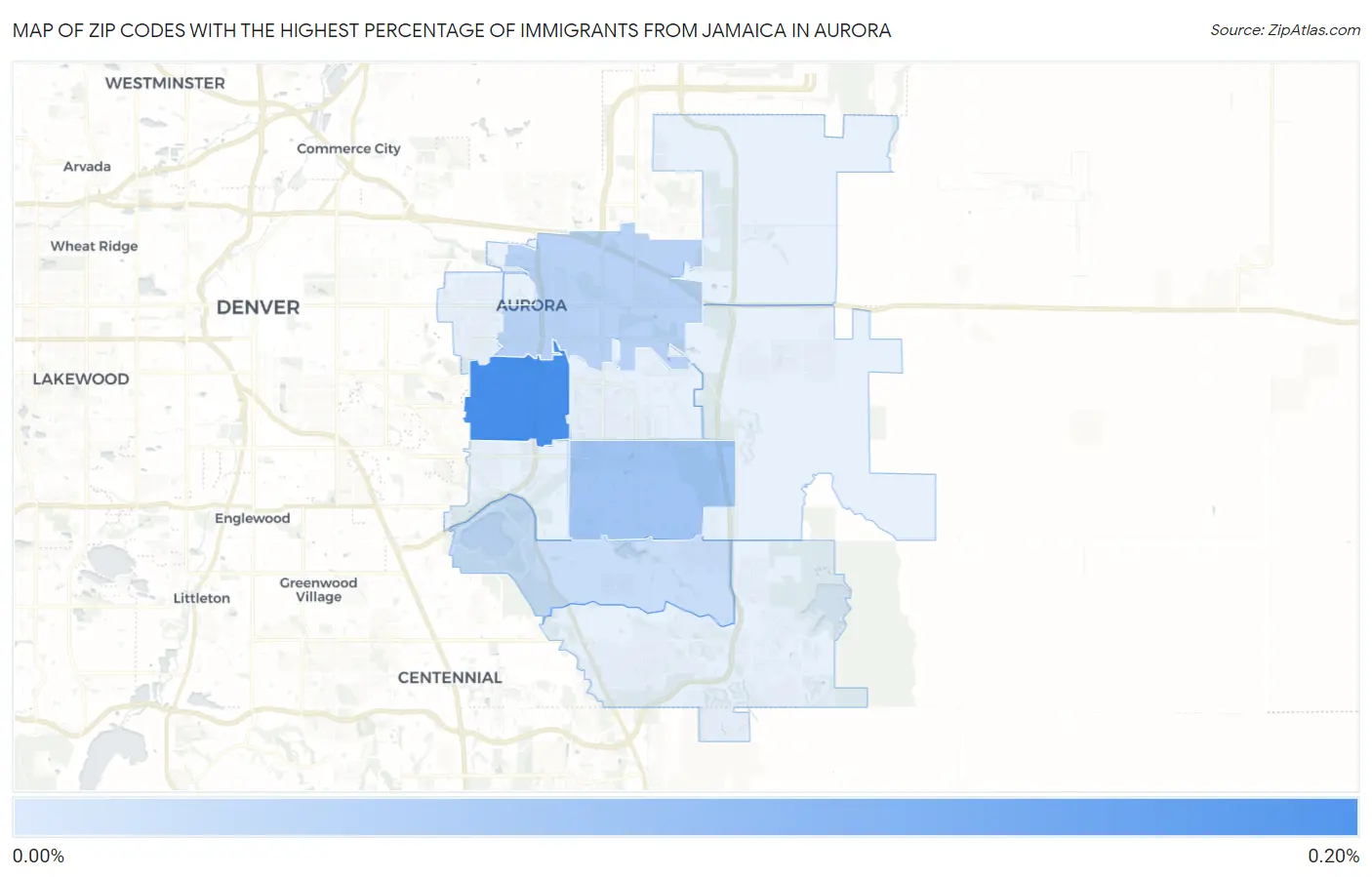 Zip Codes with the Highest Percentage of Immigrants from Jamaica in Aurora Map