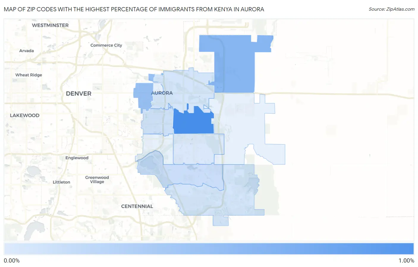 Zip Codes with the Highest Percentage of Immigrants from Kenya in Aurora Map