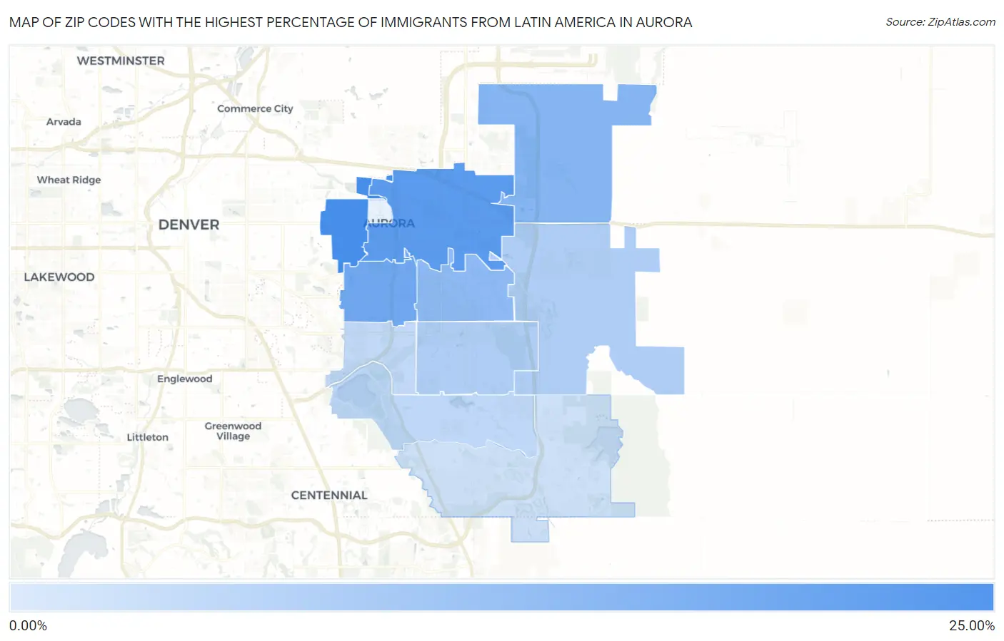 Zip Codes with the Highest Percentage of Immigrants from Latin America in Aurora Map