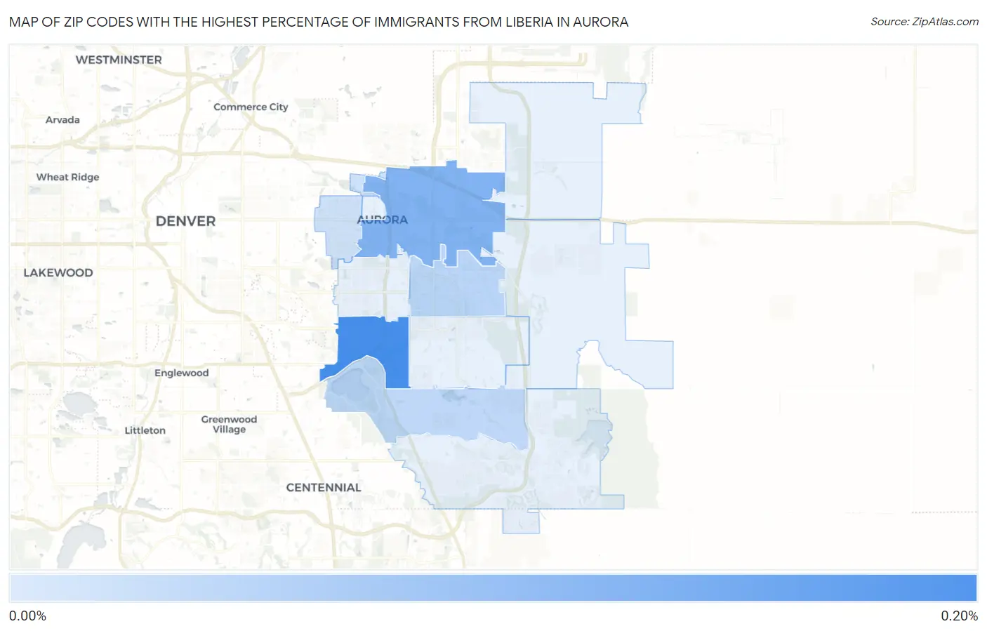 Zip Codes with the Highest Percentage of Immigrants from Liberia in Aurora Map