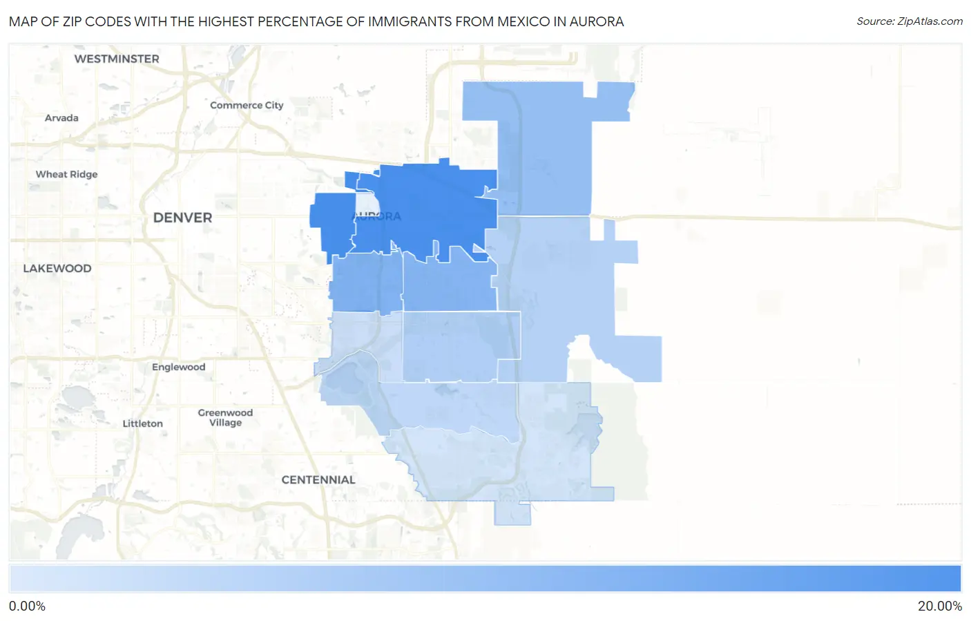 Zip Codes with the Highest Percentage of Immigrants from Mexico in Aurora Map