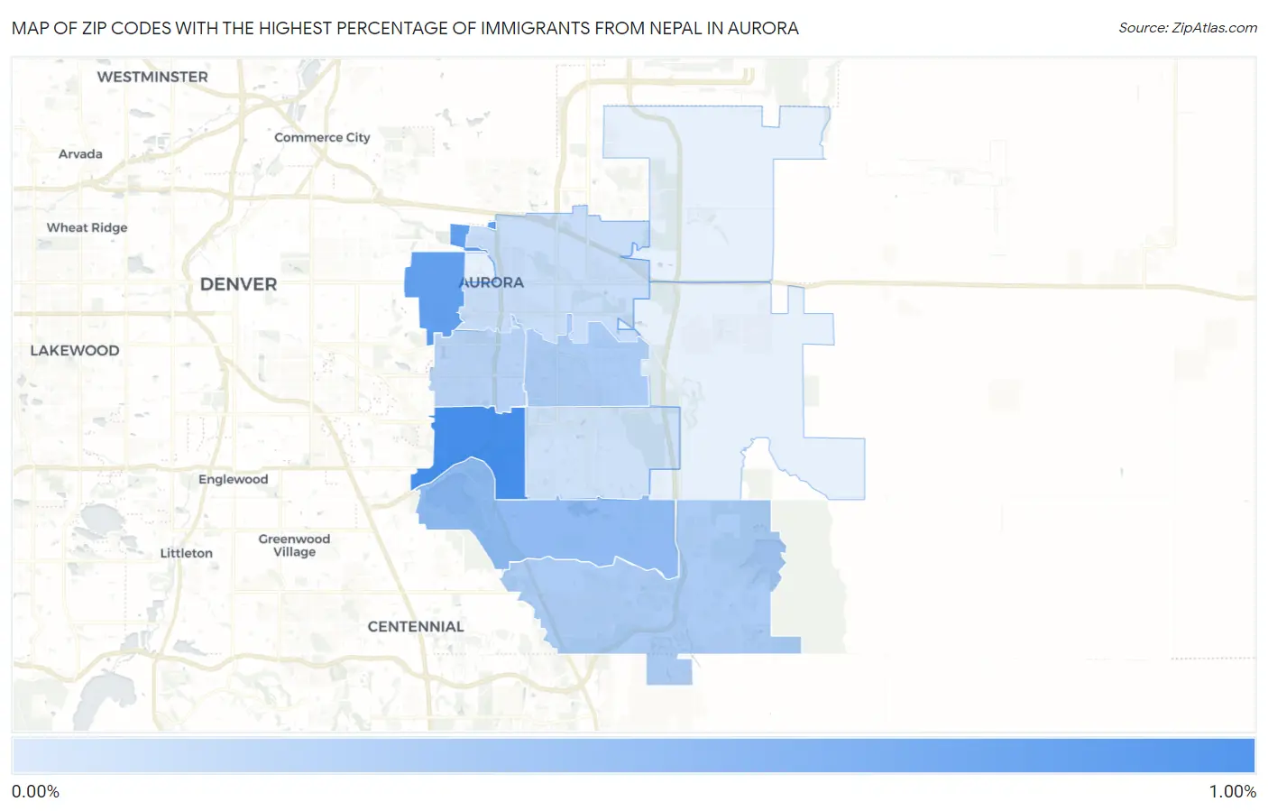 Zip Codes with the Highest Percentage of Immigrants from Nepal in Aurora Map