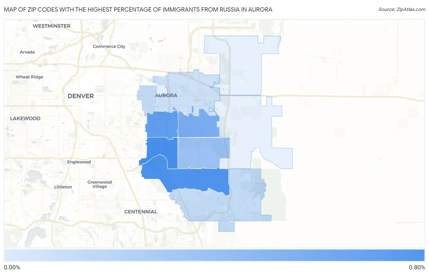 Zip Codes with the Highest Percentage of Immigrants from Russia in Aurora Map