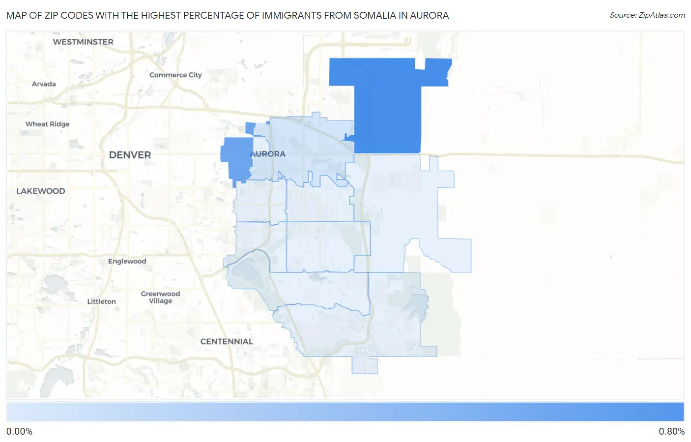 Zip Codes with the Highest Percentage of Immigrants from Somalia in Aurora Map