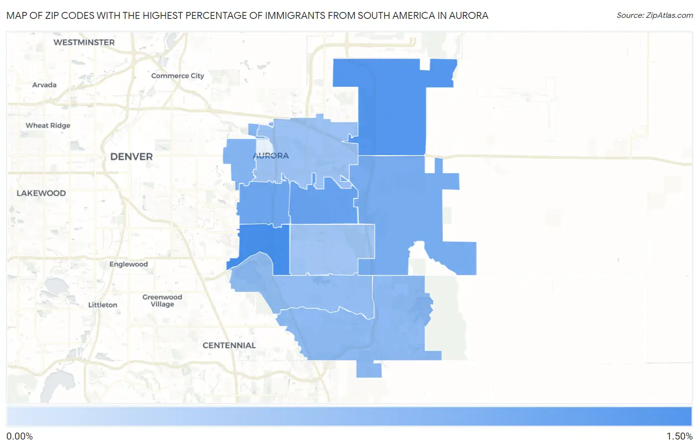 Zip Codes with the Highest Percentage of Immigrants from South America in Aurora Map