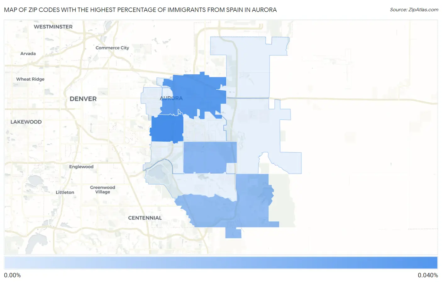 Zip Codes with the Highest Percentage of Immigrants from Spain in Aurora Map