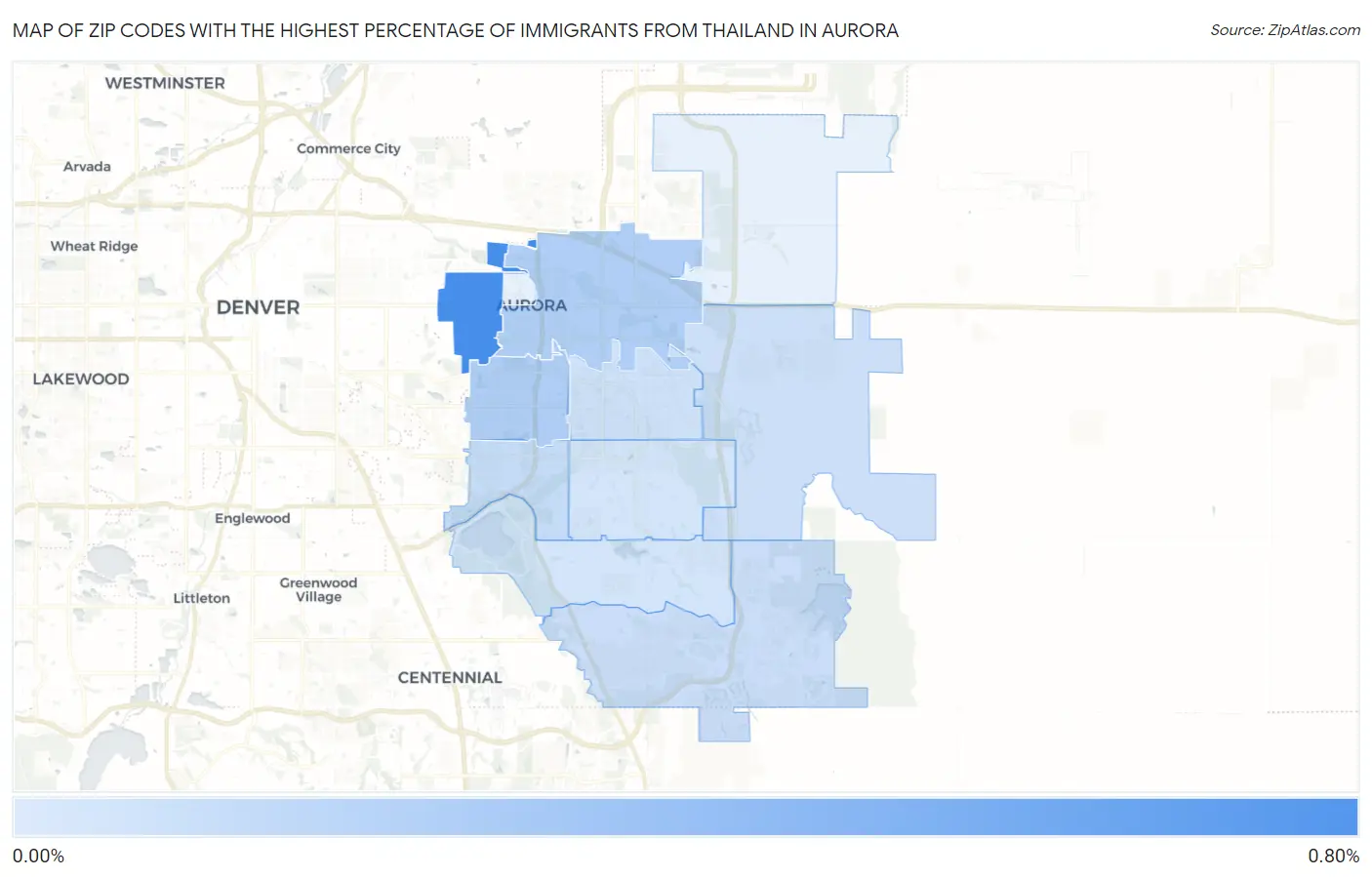 Zip Codes with the Highest Percentage of Immigrants from Thailand in Aurora Map