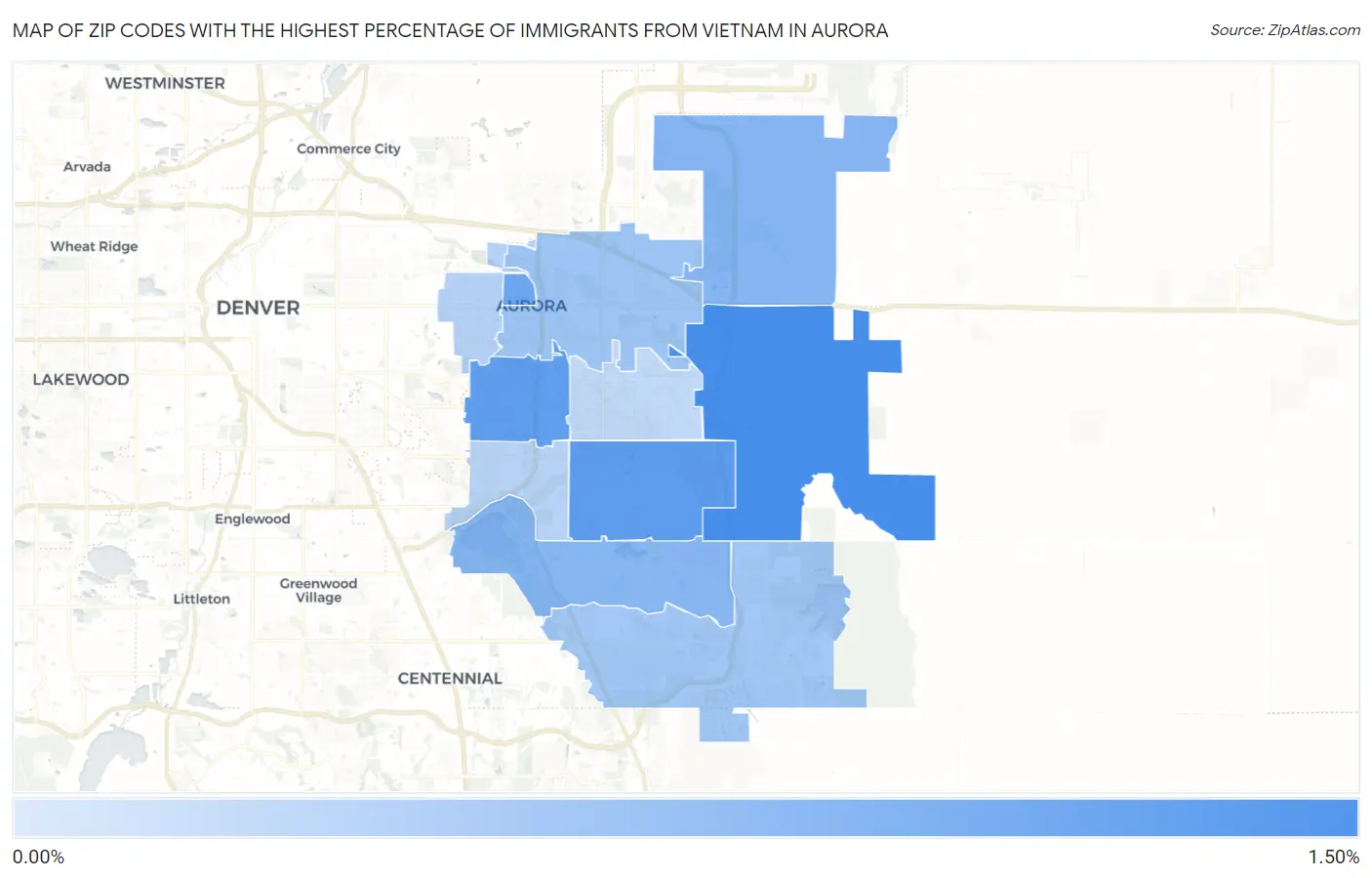Zip Codes with the Highest Percentage of Immigrants from Vietnam in Aurora Map