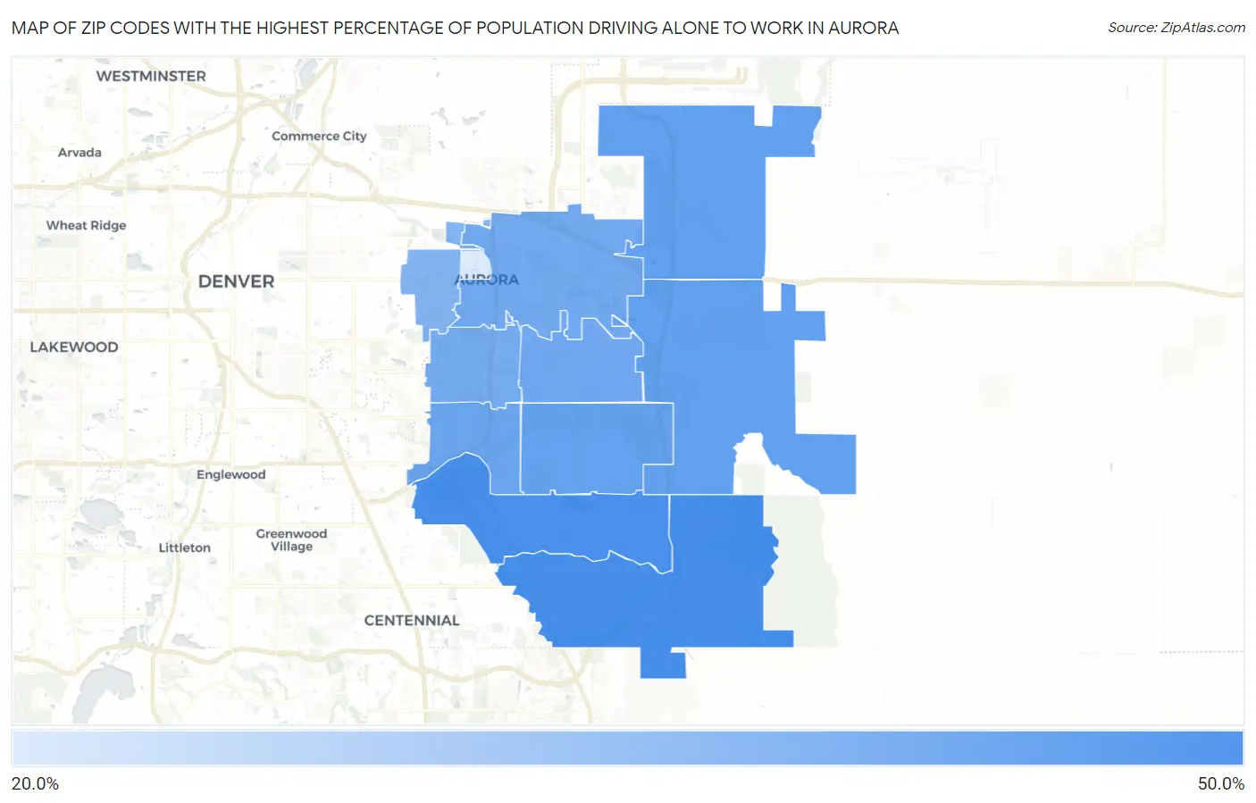 Zip Codes with the Highest Percentage of Population Driving Alone to Work in Aurora Map
