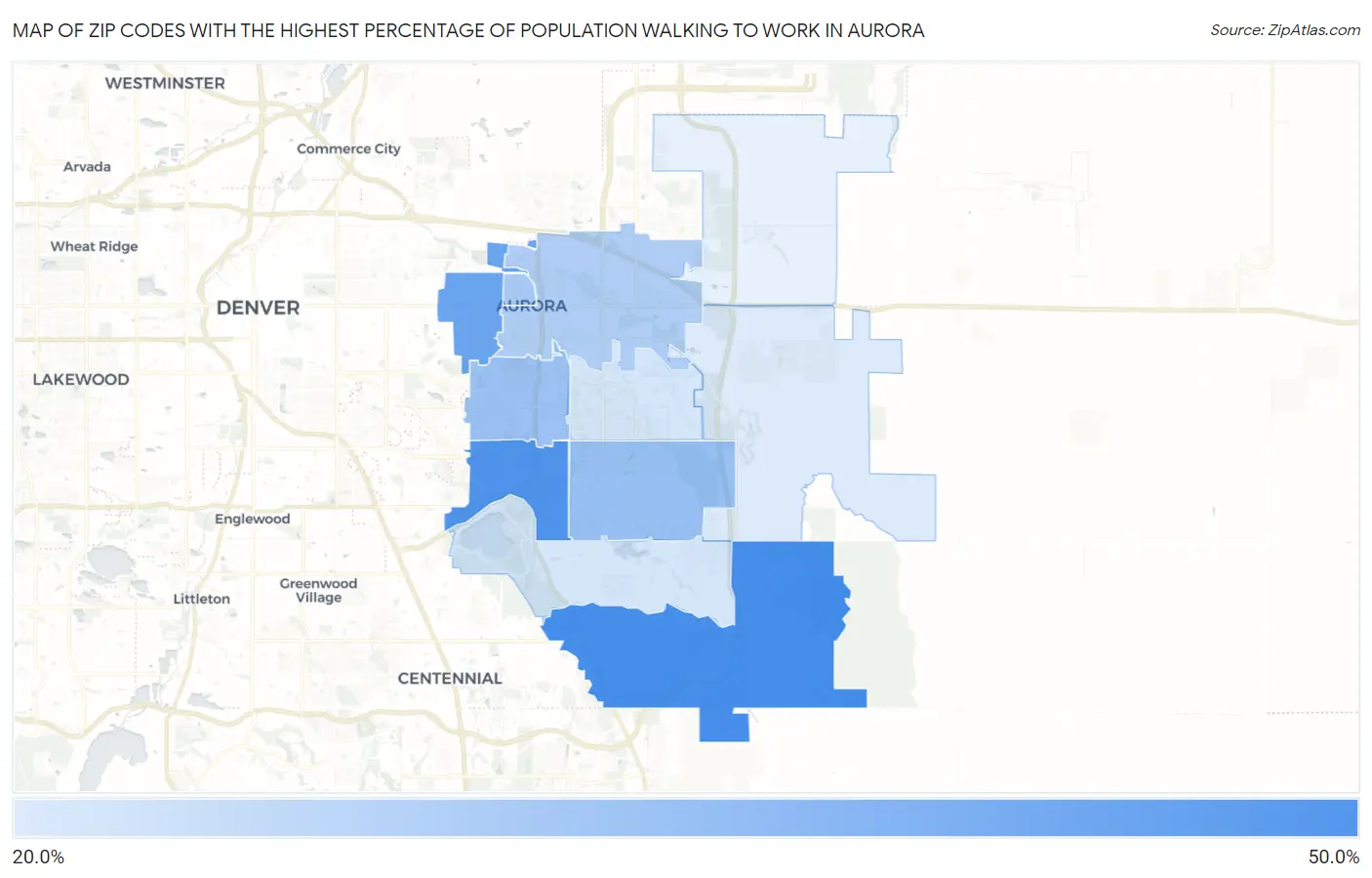 Zip Codes with the Highest Percentage of Population Walking to Work in Aurora Map