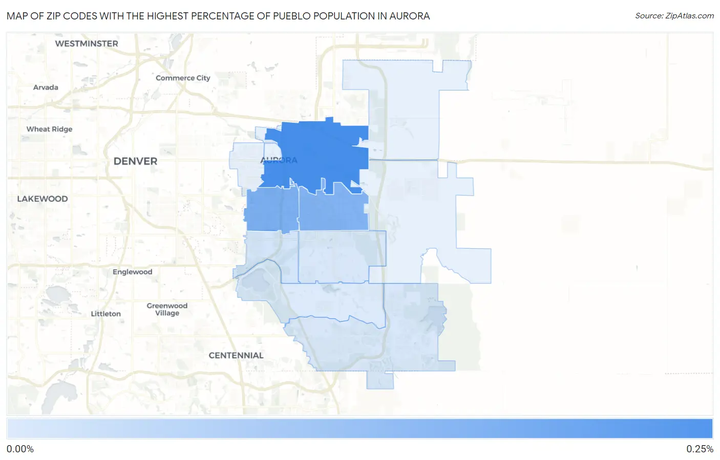Zip Codes with the Highest Percentage of Pueblo Population in Aurora Map