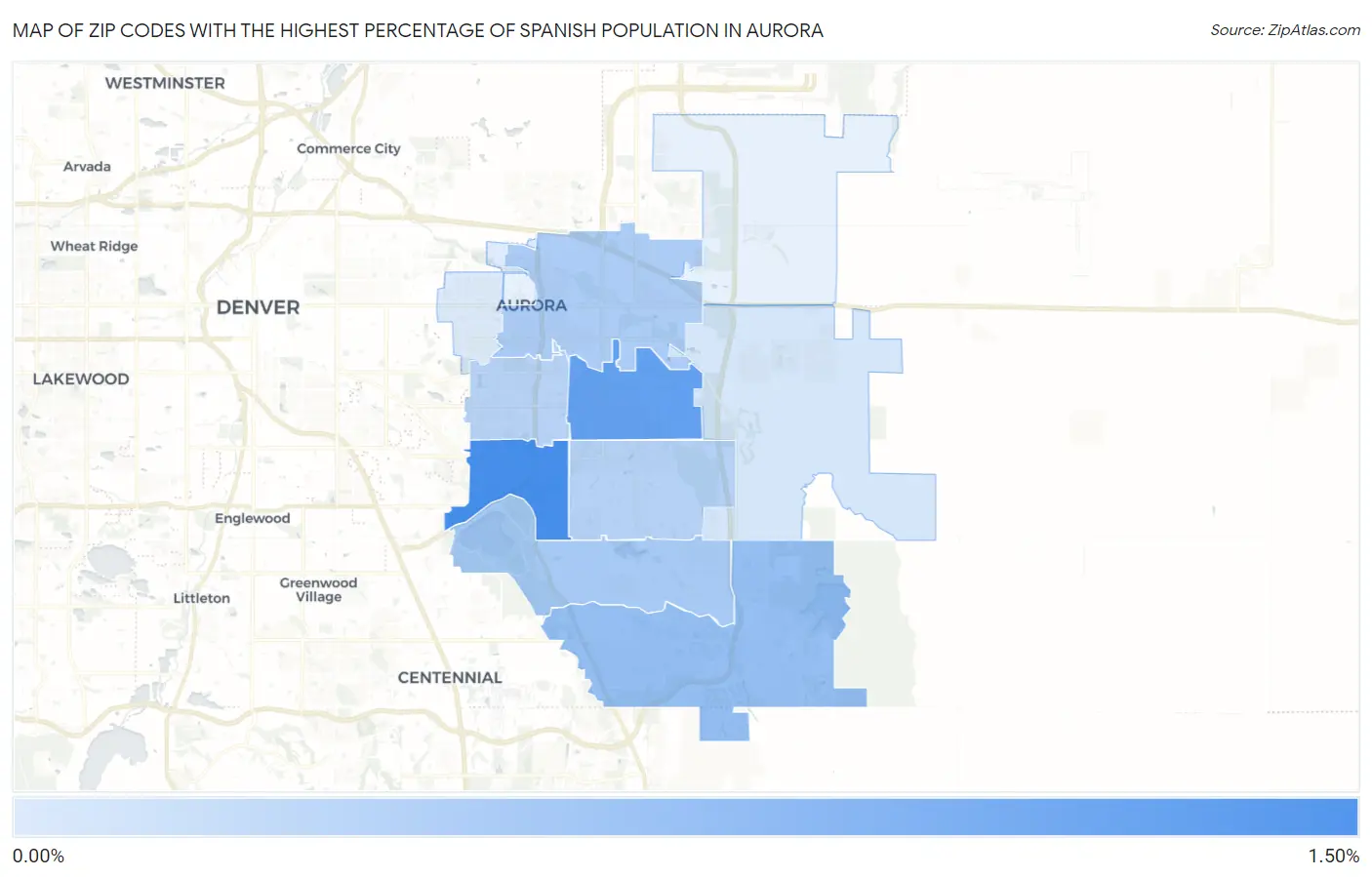Zip Codes with the Highest Percentage of Spanish Population in Aurora Map
