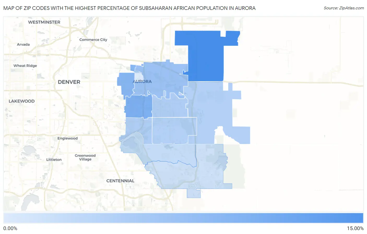 Zip Codes with the Highest Percentage of Subsaharan African Population in Aurora Map