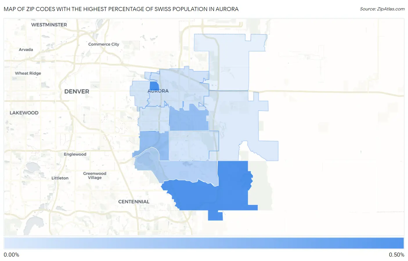 Zip Codes with the Highest Percentage of Swiss Population in Aurora Map