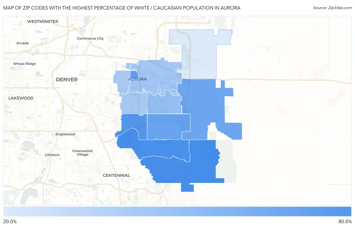 Zip Codes with the Highest Percentage of White / Caucasian Population in Aurora Map