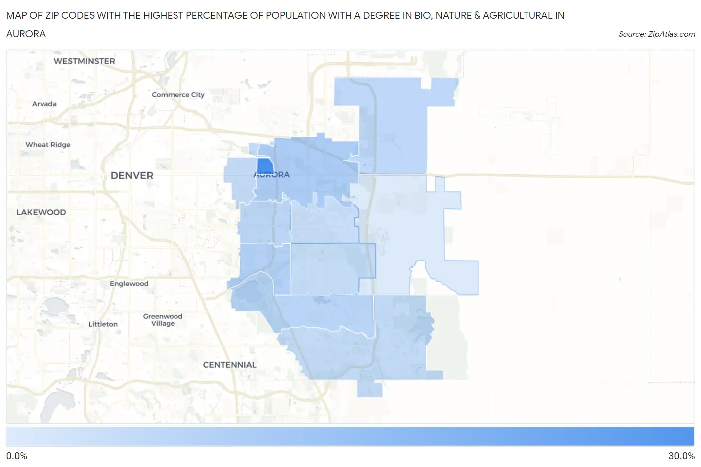 Zip Codes with the Highest Percentage of Population with a Degree in Bio, Nature & Agricultural in Aurora Map