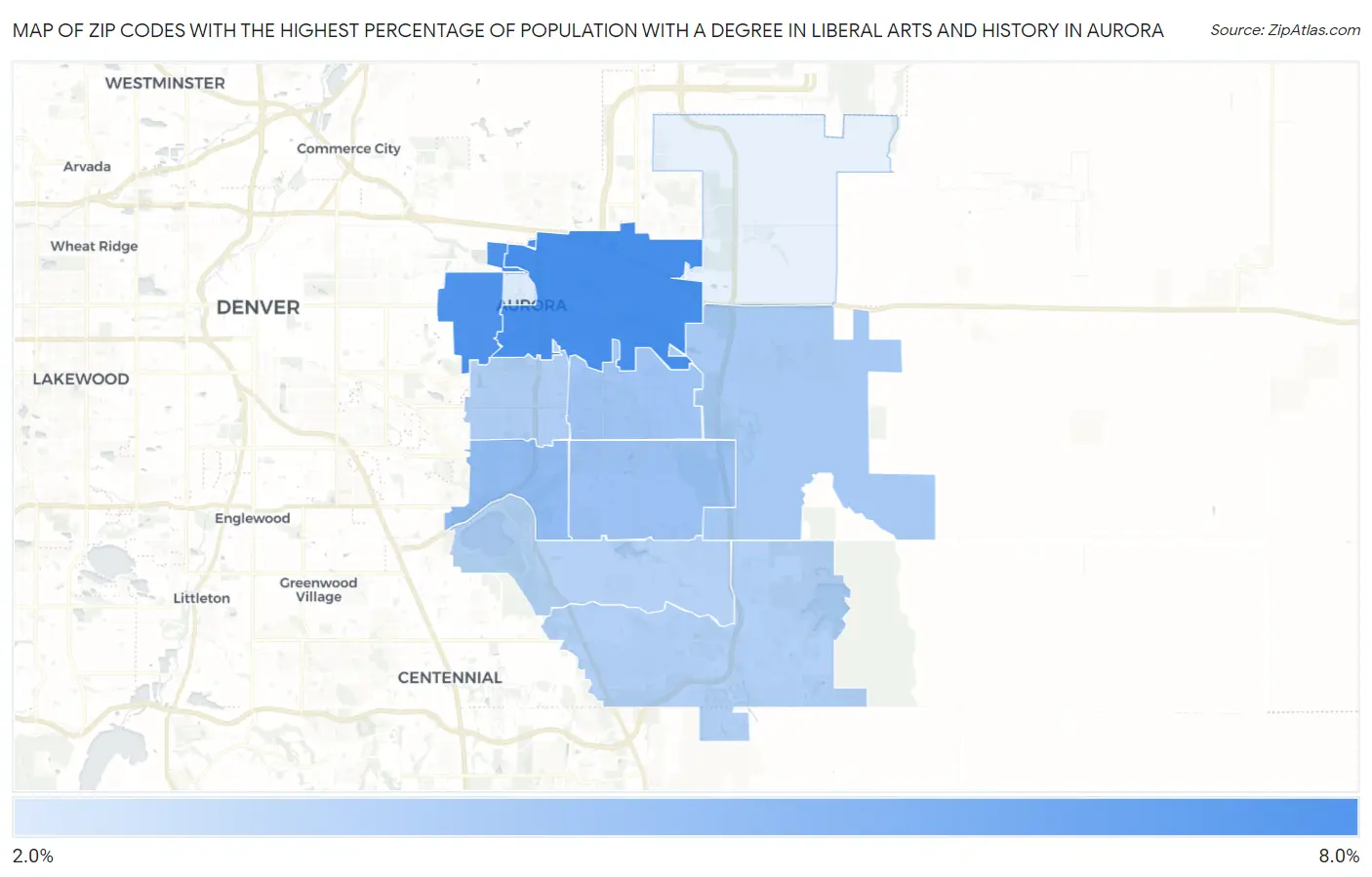 Zip Codes with the Highest Percentage of Population with a Degree in Liberal Arts and History in Aurora Map