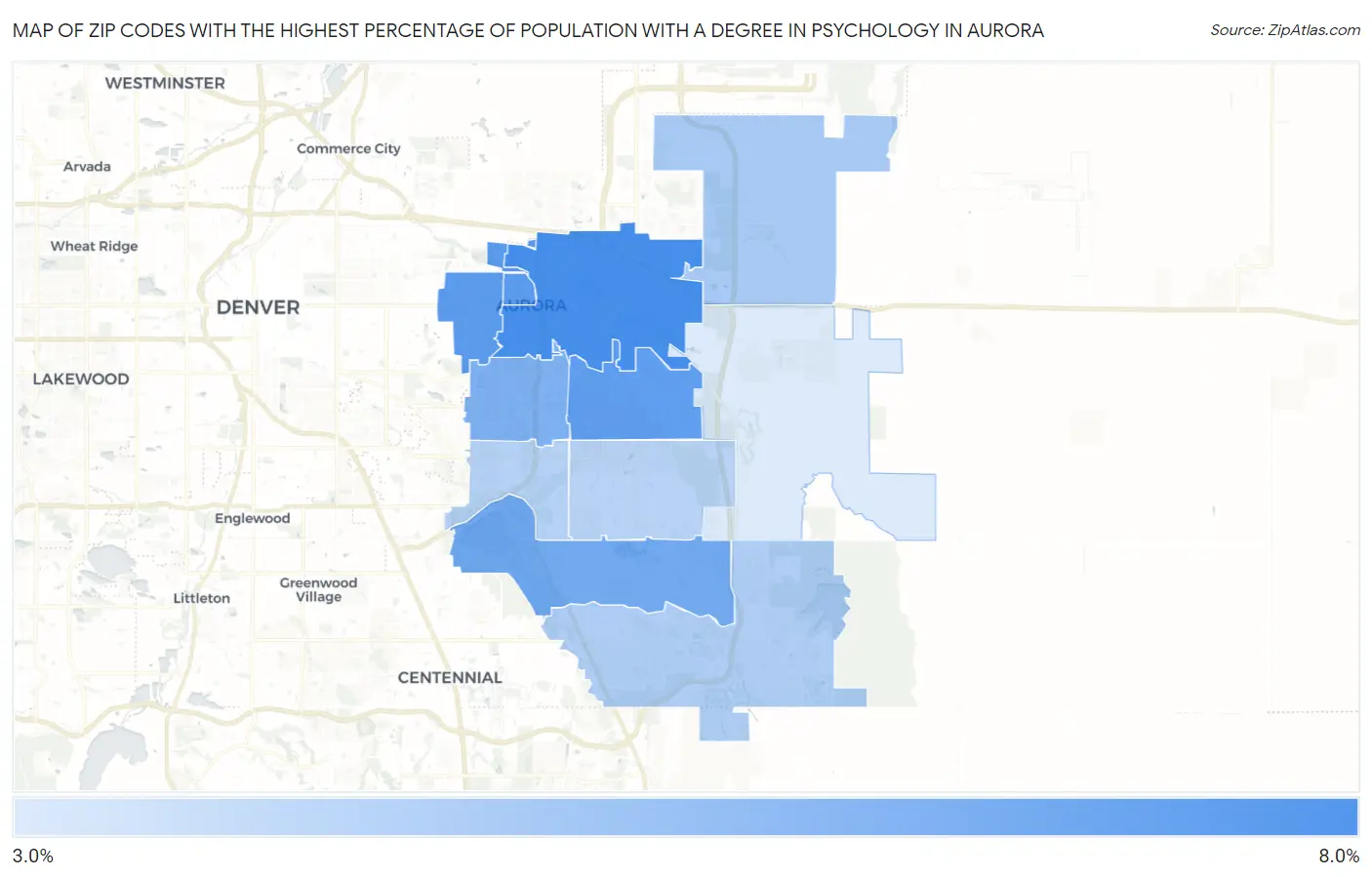 Zip Codes with the Highest Percentage of Population with a Degree in Psychology in Aurora Map