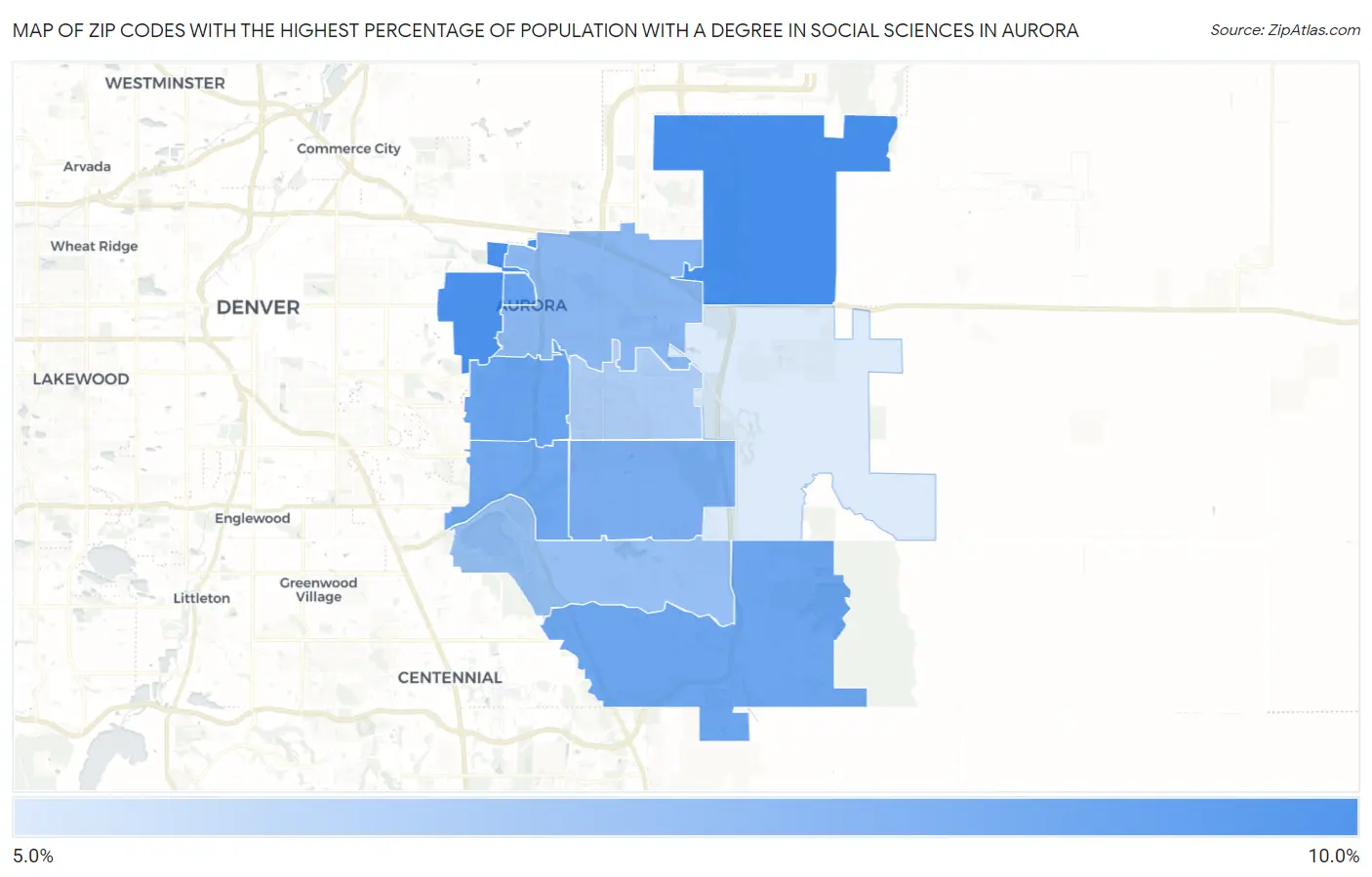 Zip Codes with the Highest Percentage of Population with a Degree in Social Sciences in Aurora Map