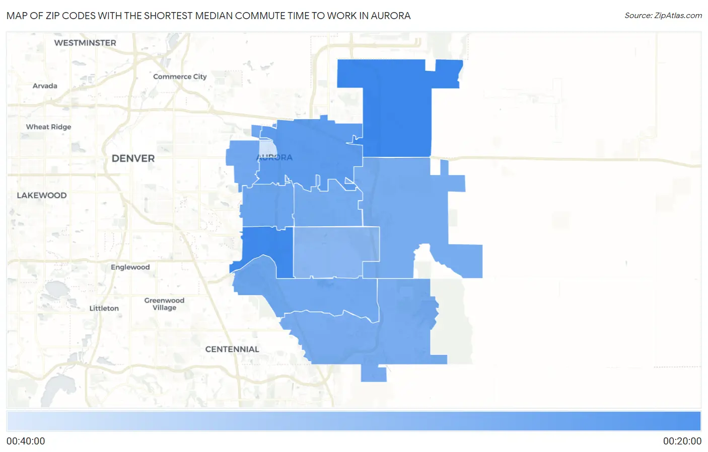 Zip Codes with the Shortest Median Commute Time to Work in Aurora Map