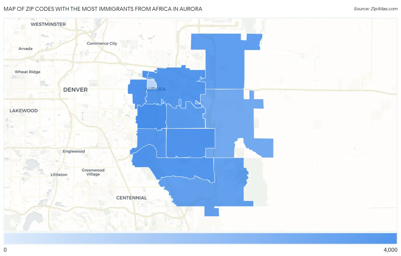Zip Codes with the Most Immigrants from Africa in Aurora Map