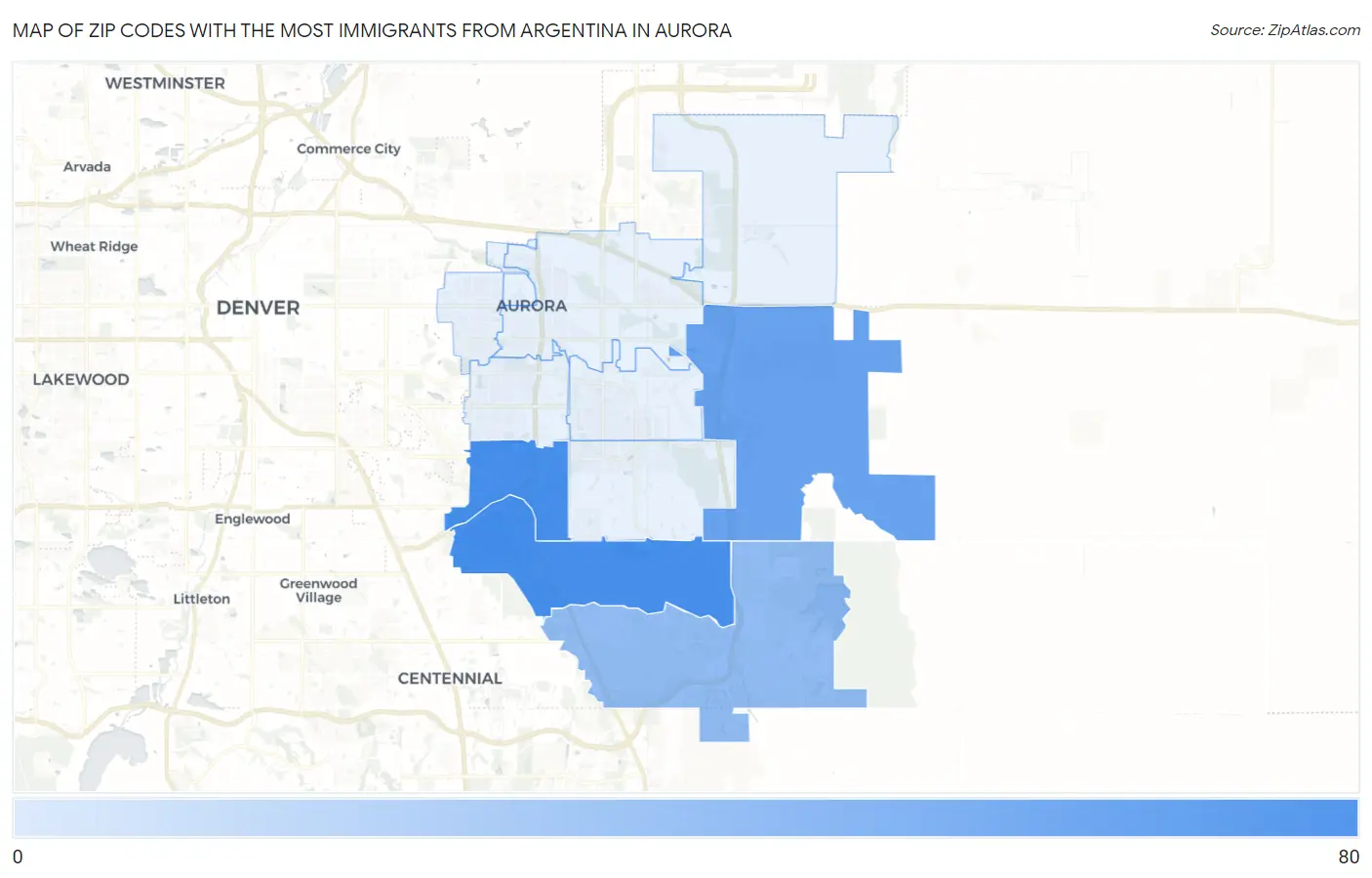 Zip Codes with the Most Immigrants from Argentina in Aurora Map