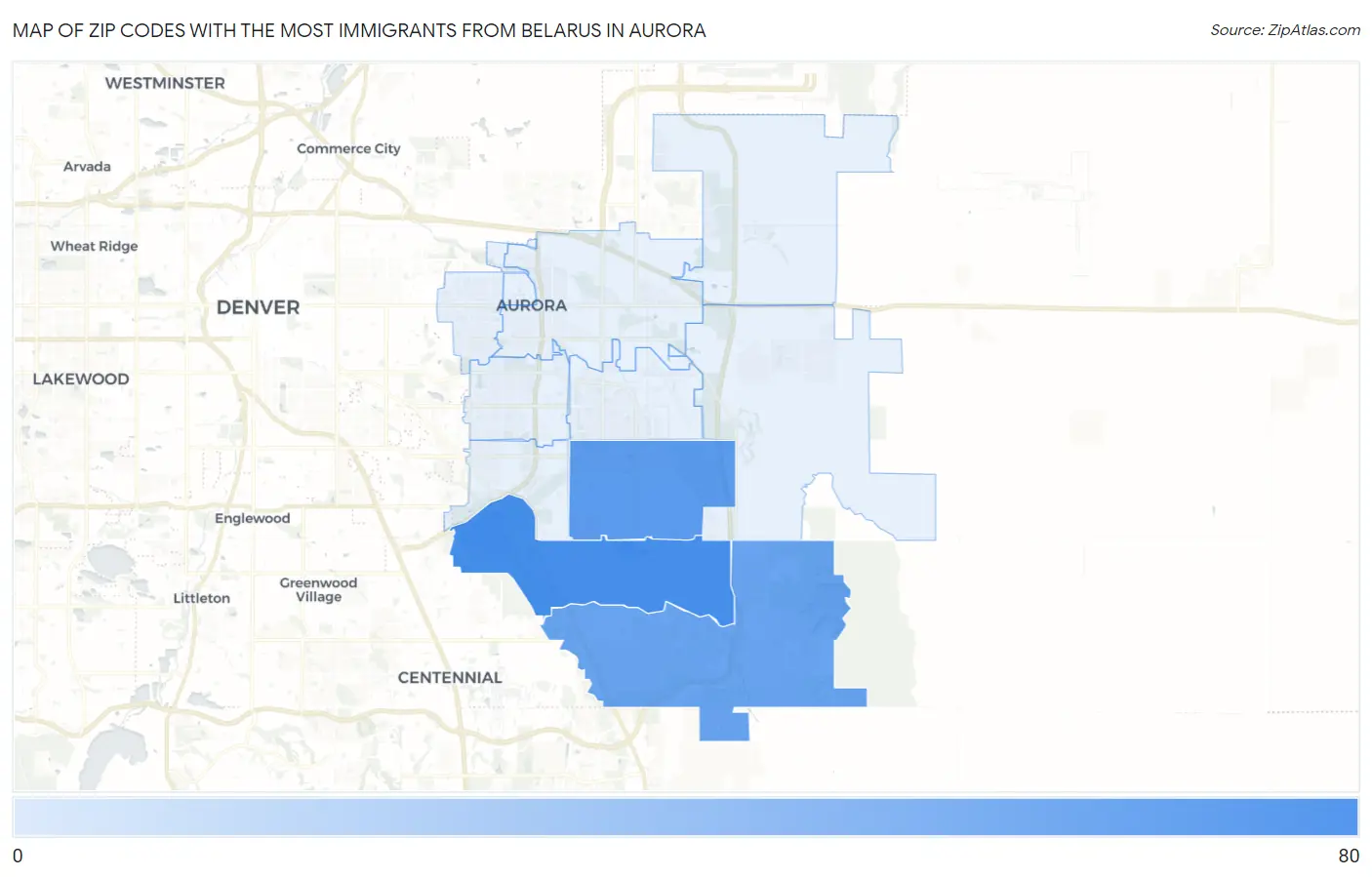 Zip Codes with the Most Immigrants from Belarus in Aurora Map