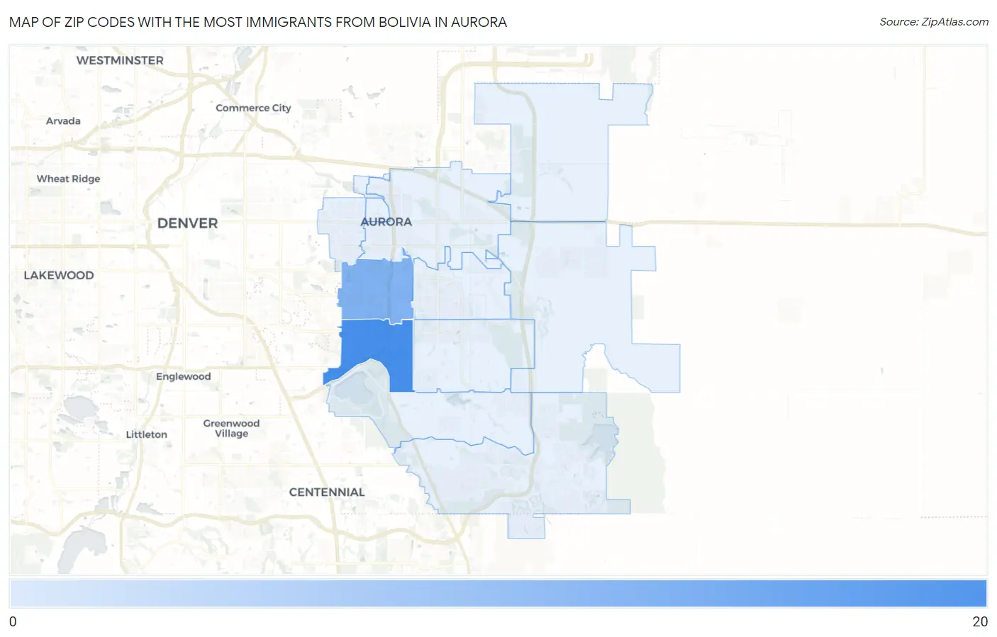 Zip Codes with the Most Immigrants from Bolivia in Aurora Map