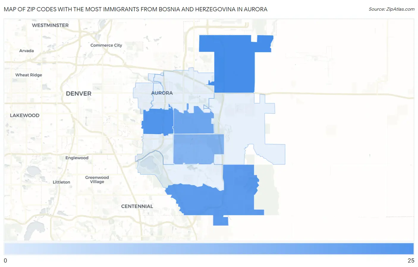 Zip Codes with the Most Immigrants from Bosnia and Herzegovina in Aurora Map