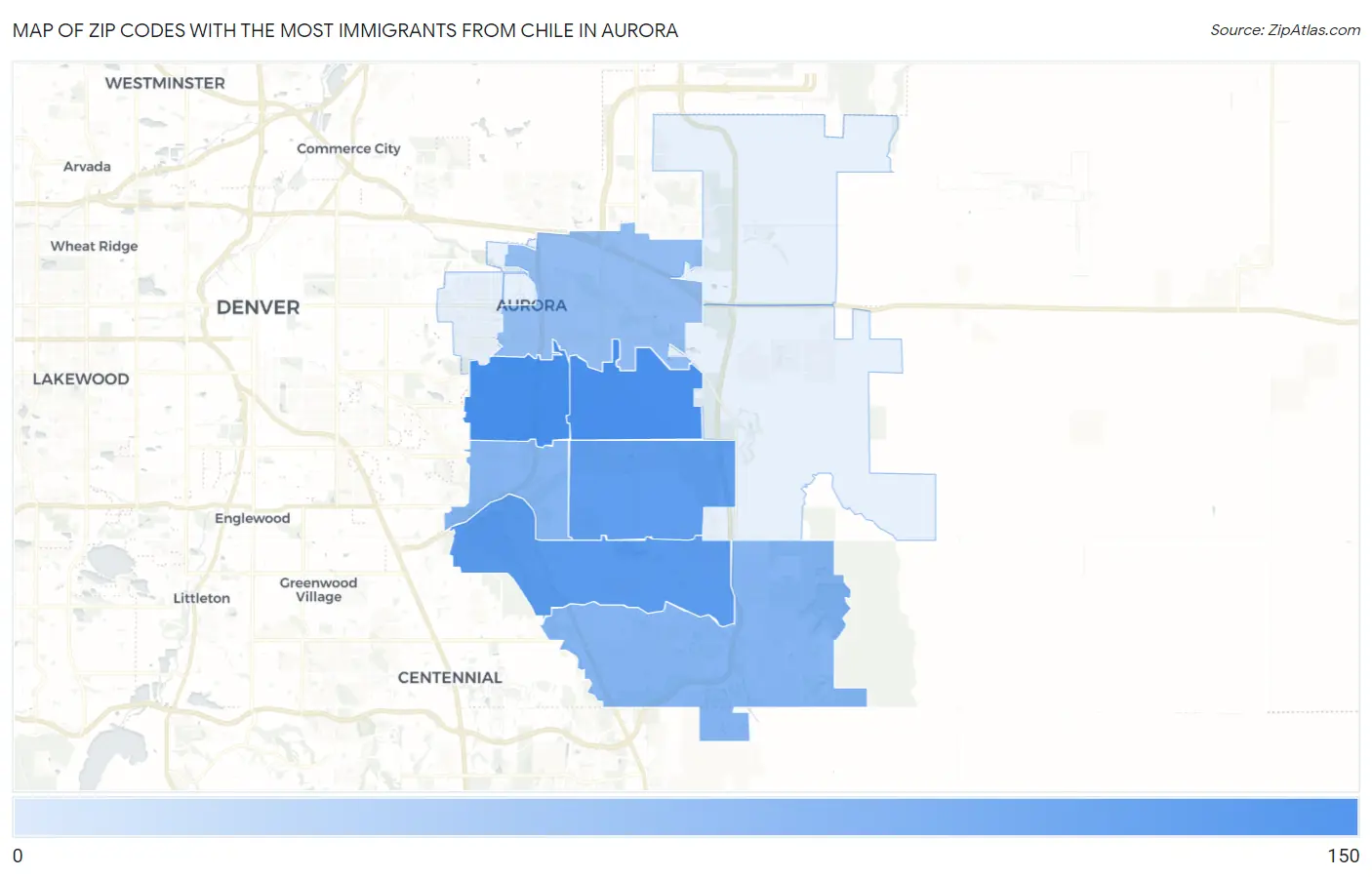 Zip Codes with the Most Immigrants from Chile in Aurora Map