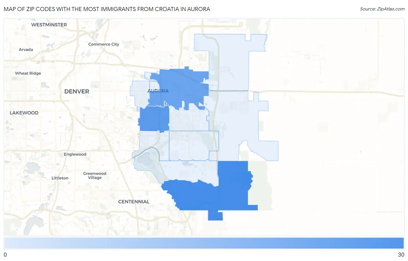 Zip Codes with the Most Immigrants from Croatia in Aurora Map