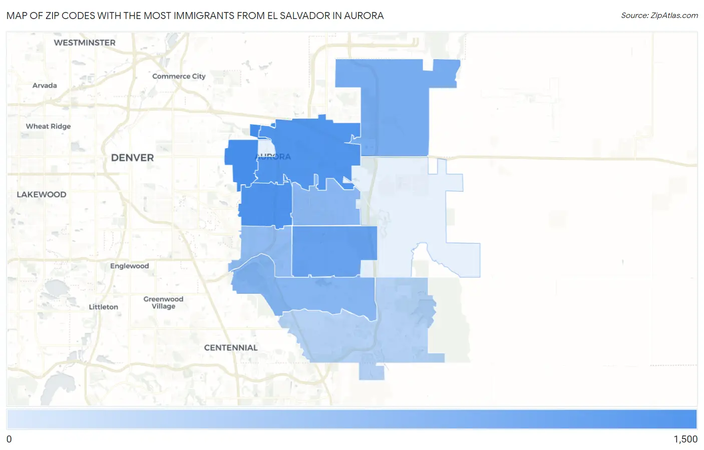 Zip Codes with the Most Immigrants from El Salvador in Aurora Map