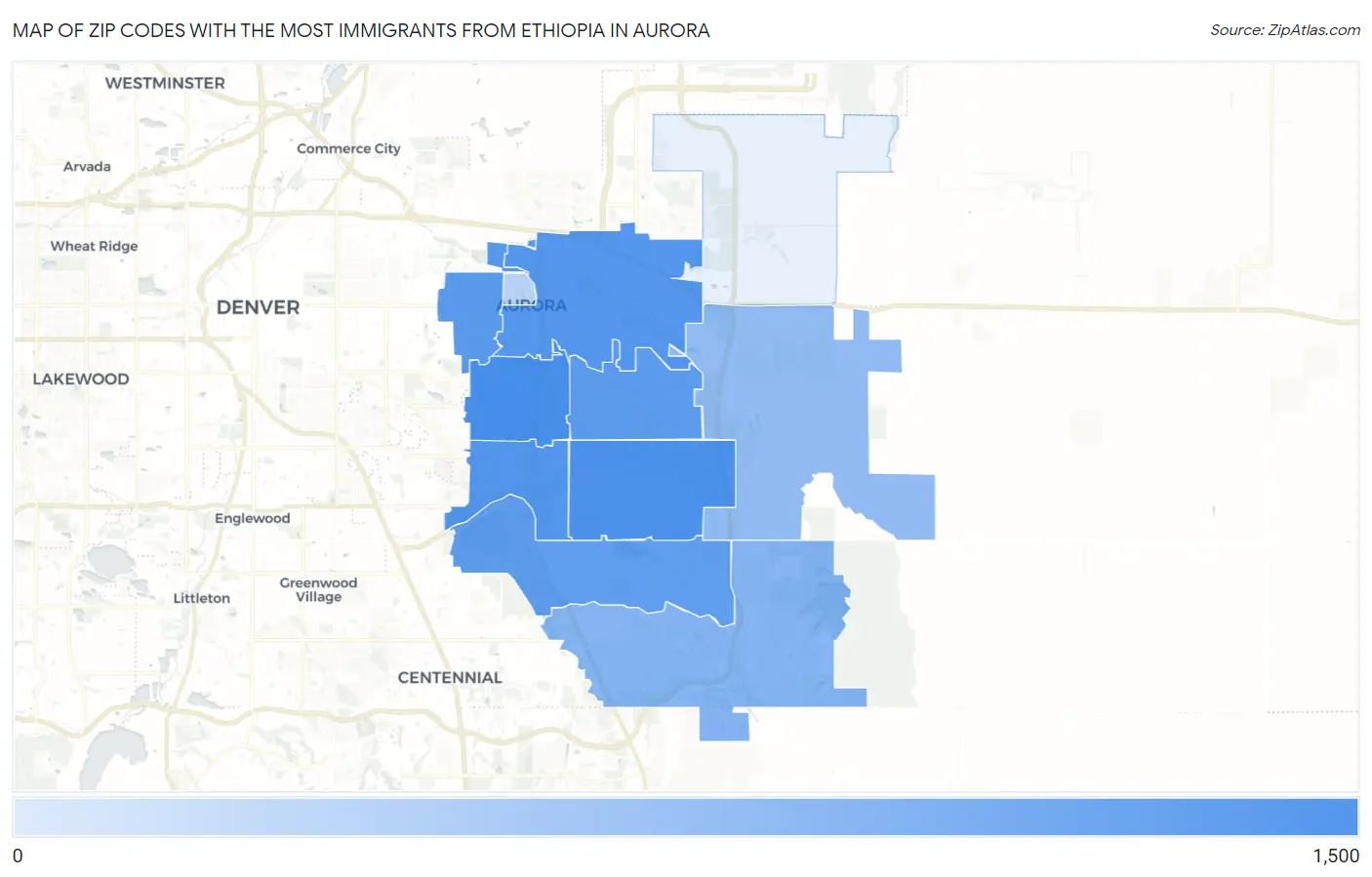 Zip Codes with the Most Immigrants from Ethiopia in Aurora Map